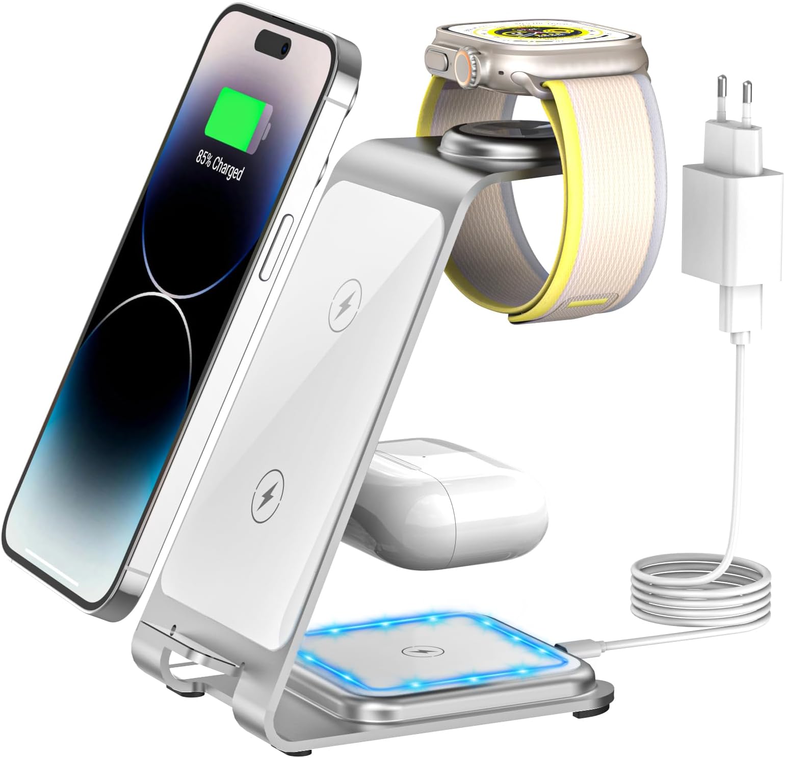Station De Charge Sans Fil 3 En 1 - Pour IPhone, IWatch, AirPods - Support Incliné, LED, Design Compact Blanc