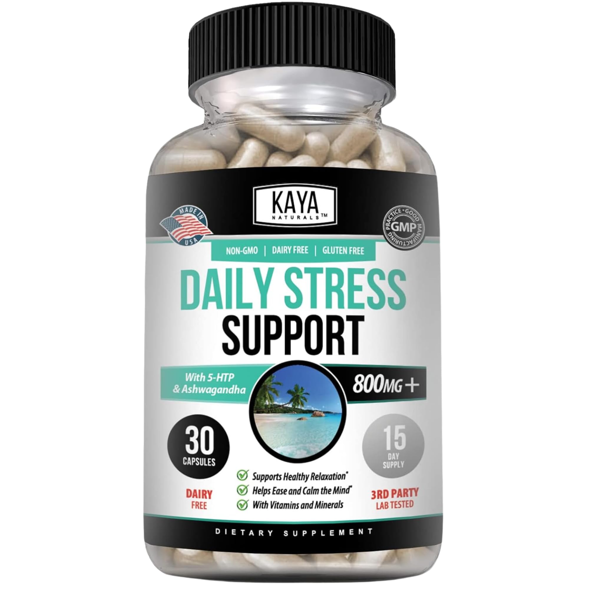 Kaya Naturals - Natural Herbal Stress Relief Support Vitamin Supplement to Relax and Calm The Mind - Boost Mood - Happy Pills - Anxiousness Support - 30 Capsules