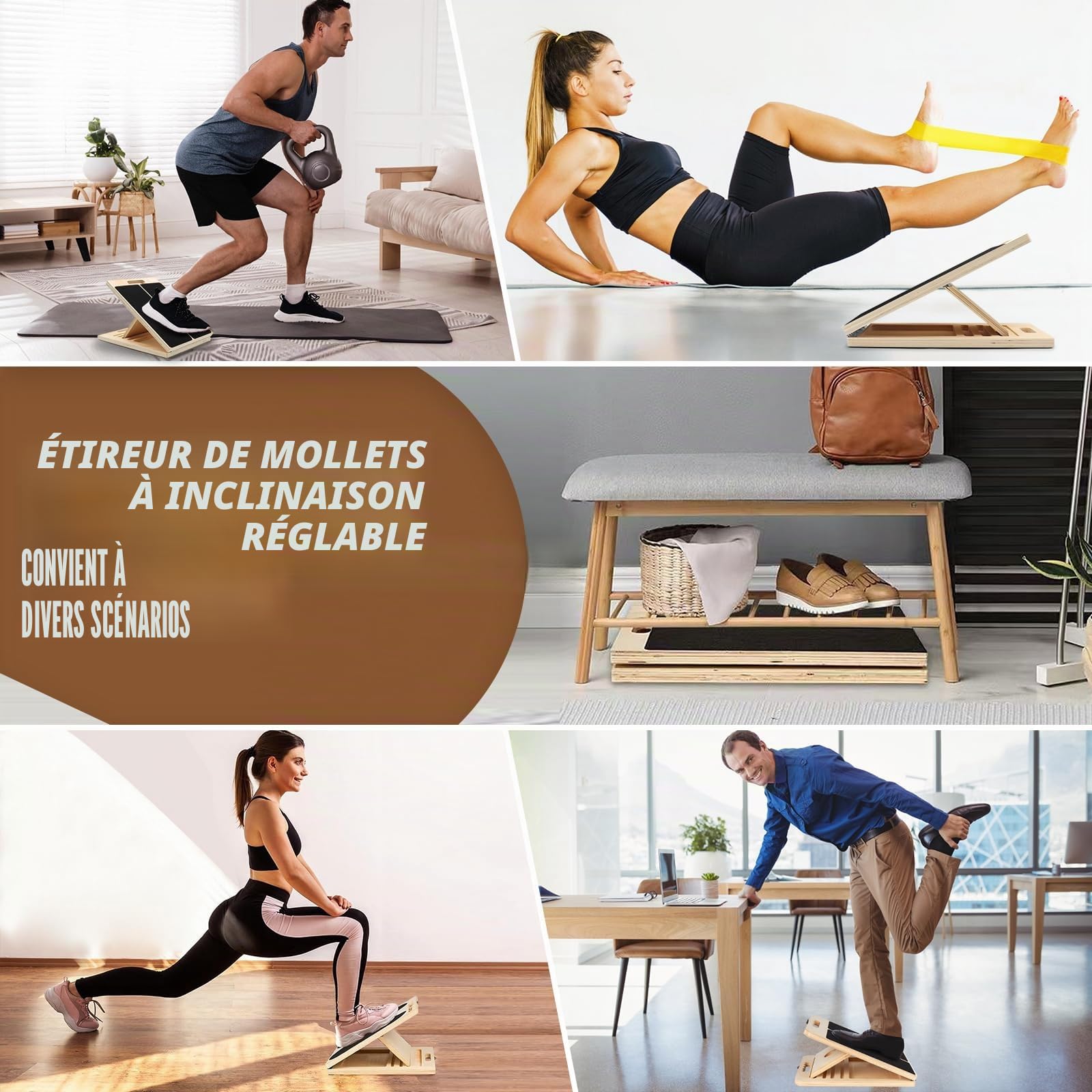 Planche d’Étirement Inclinée Réglable en Bois 40×30×4,5 cm avec 5 Bandes de Résistance – Planche Fitness Antidérapante pour Squats, Mollets & Rééducation – Inclinaison pour Yoga, Pilates et Kinésithér