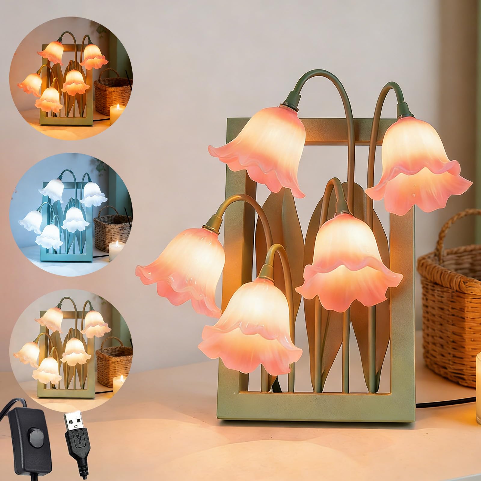 Kwiatowa lampa stołowa, 5 lampek nocnych z konwalią, 3 kolory, temperatura, kawaii, lampka nocna, ramka na zdjęcia, lampa biurkowa, lampka do czytania do sypialni, salonu, oświetlenie otoczenia