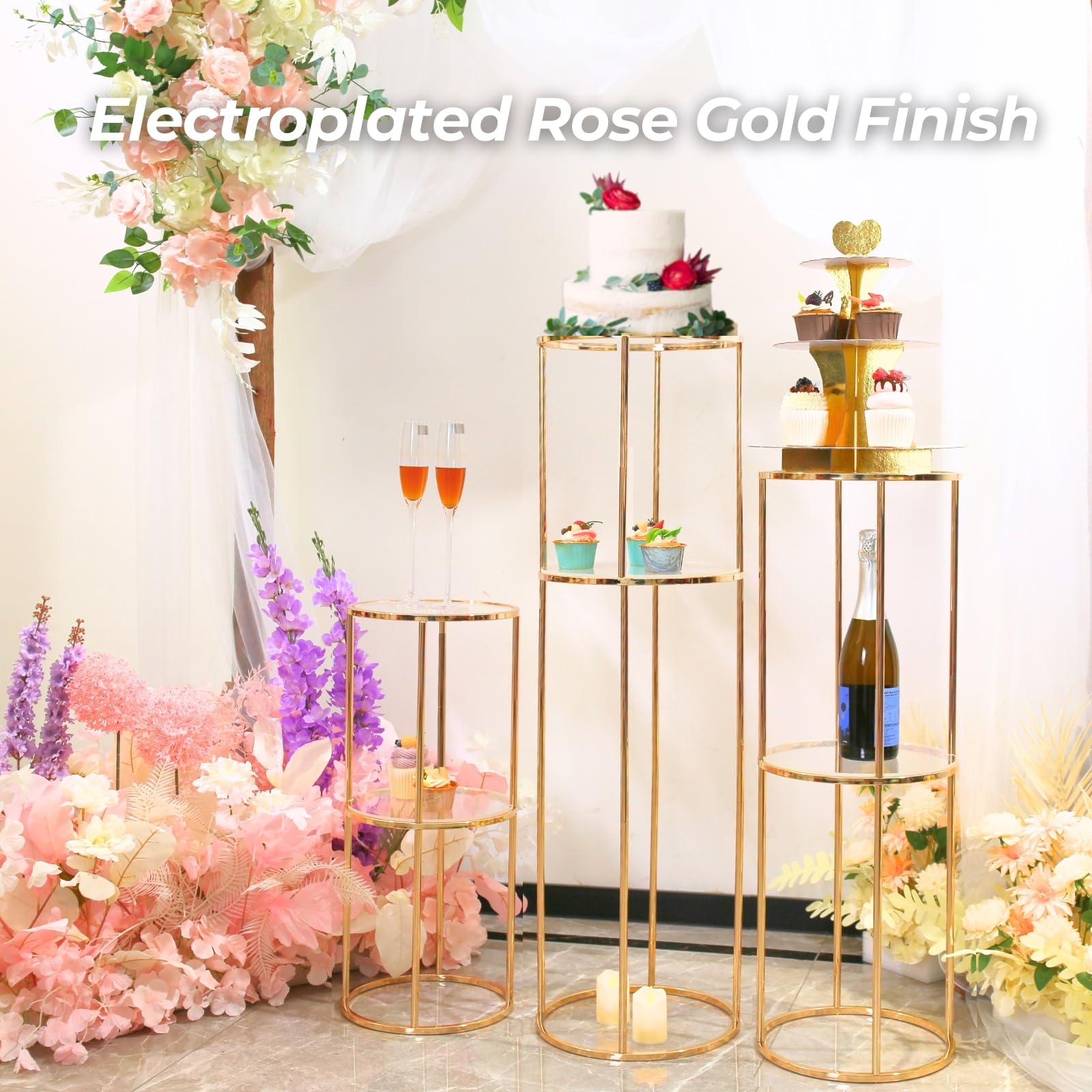 2 soportes cilíndricos redondos de metal de dos capas para fiestas, pedestal de pasteles, soporte de flores, soporte de exhibición dorado para cumpleaños, boda, sala de estar, patio, telón