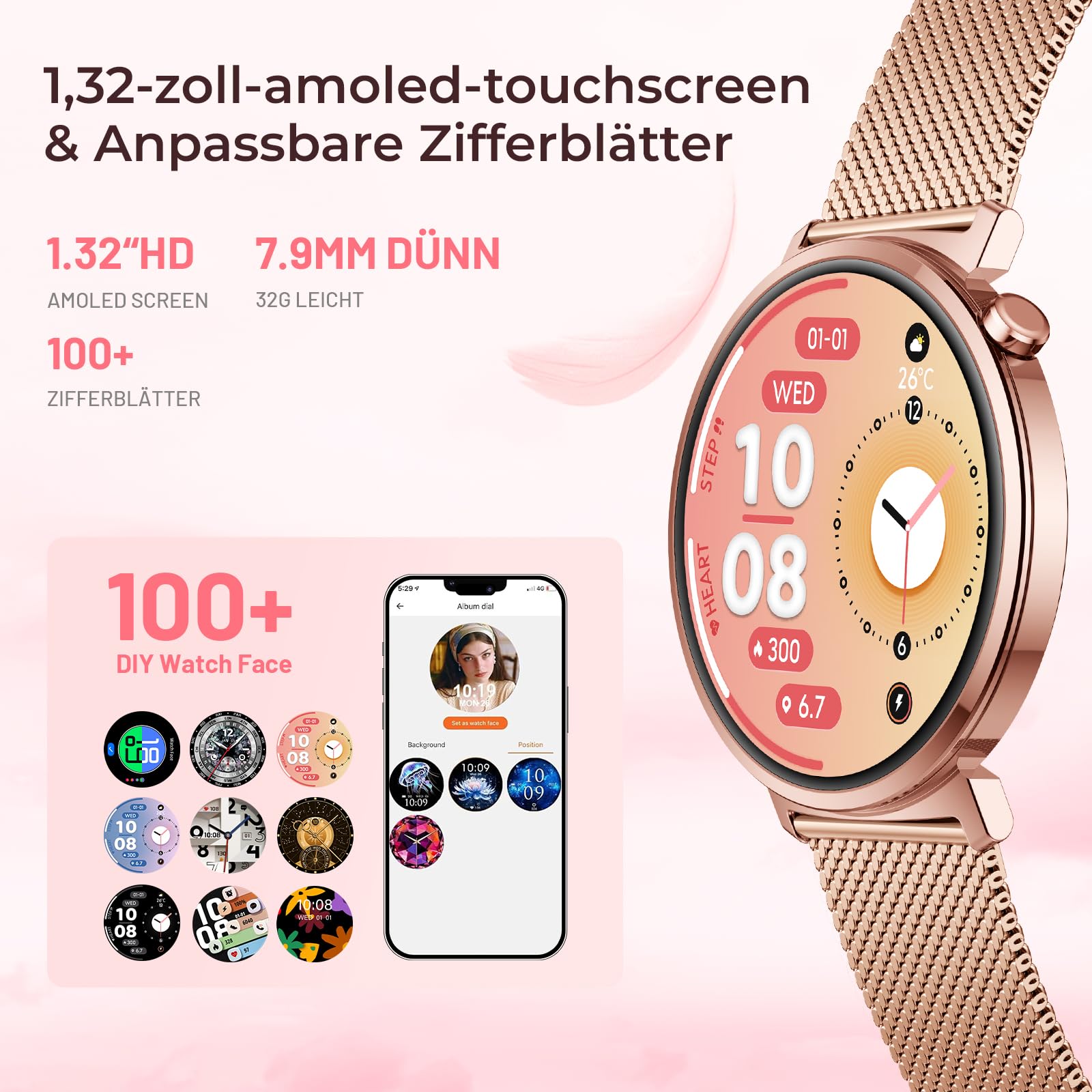 Damen-Smartwatch m. rundem kompaktem Design ultradünne Fitnessuhr für Frauen Damen-Fitnessuhr mit Schrittzähler & Anruf, IP68 wasserdicht, 1,32-Zoll-AMOLED, Android/iOS kompatibel, Gold