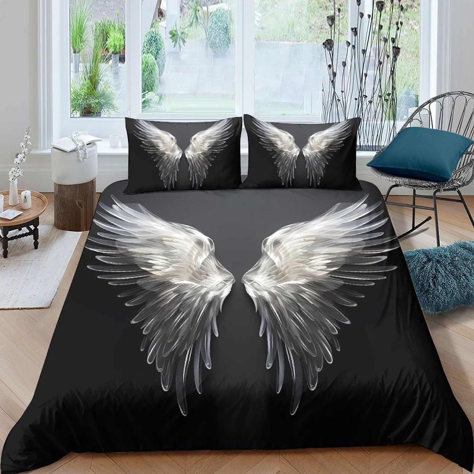 Ctjqhvkz Style-8 3D Printed Angel Wings Fitted Sheet Black Microfiber Soft Breathable Feather Bed Cover For Bedroom Guest Room Decor Mattress Protection Single（135X200cm）
