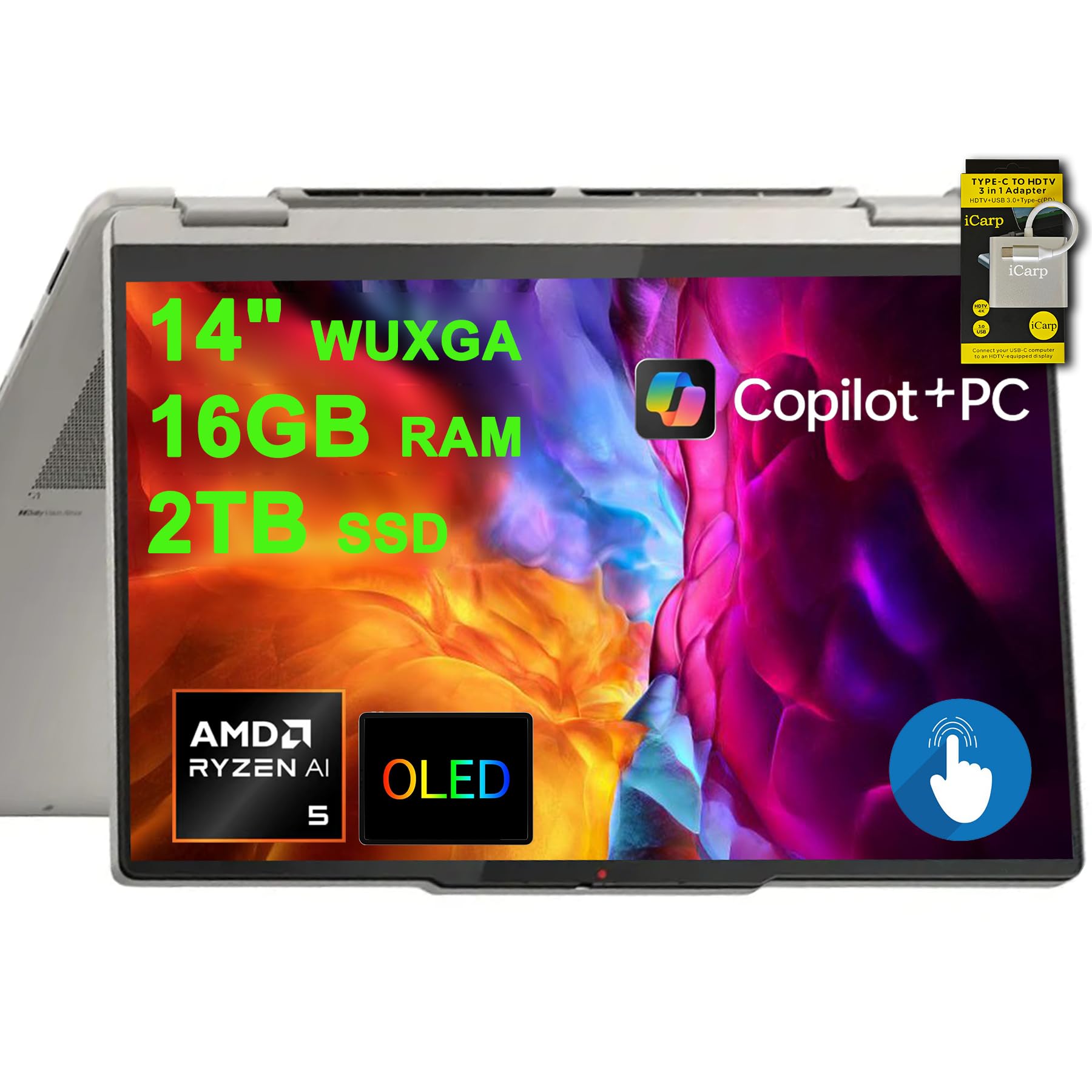 Lenovo Yoga 7 2-in-1 Laptop 14" WUXGA OLED Touch (100% DCI-P3, 600nits HDR) AMD 6-core Ryzen AI 5 340 (Up to 50 Tops) 16GB RAM 2TB SSD for Creator Business Professional Win11 ICP Hub w/Copilot AI