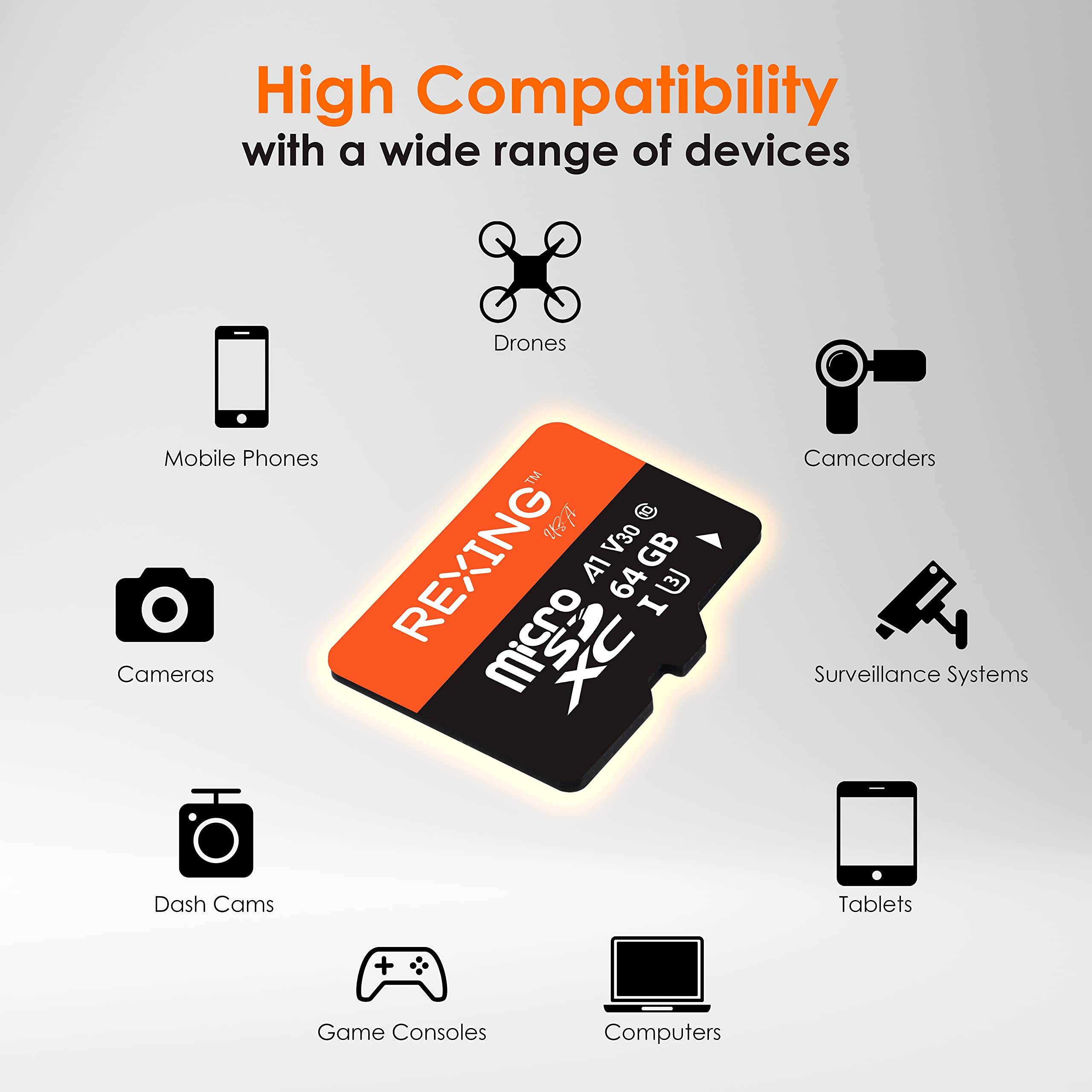 RexingUSA Scheda SD da 64 GB microSDXC UHS-3 4K Full HD per monitoraggio video ad alta velocità, con adattatore per dash cam, sistema di sorveglianza, telecamera di sicurezza e body cam