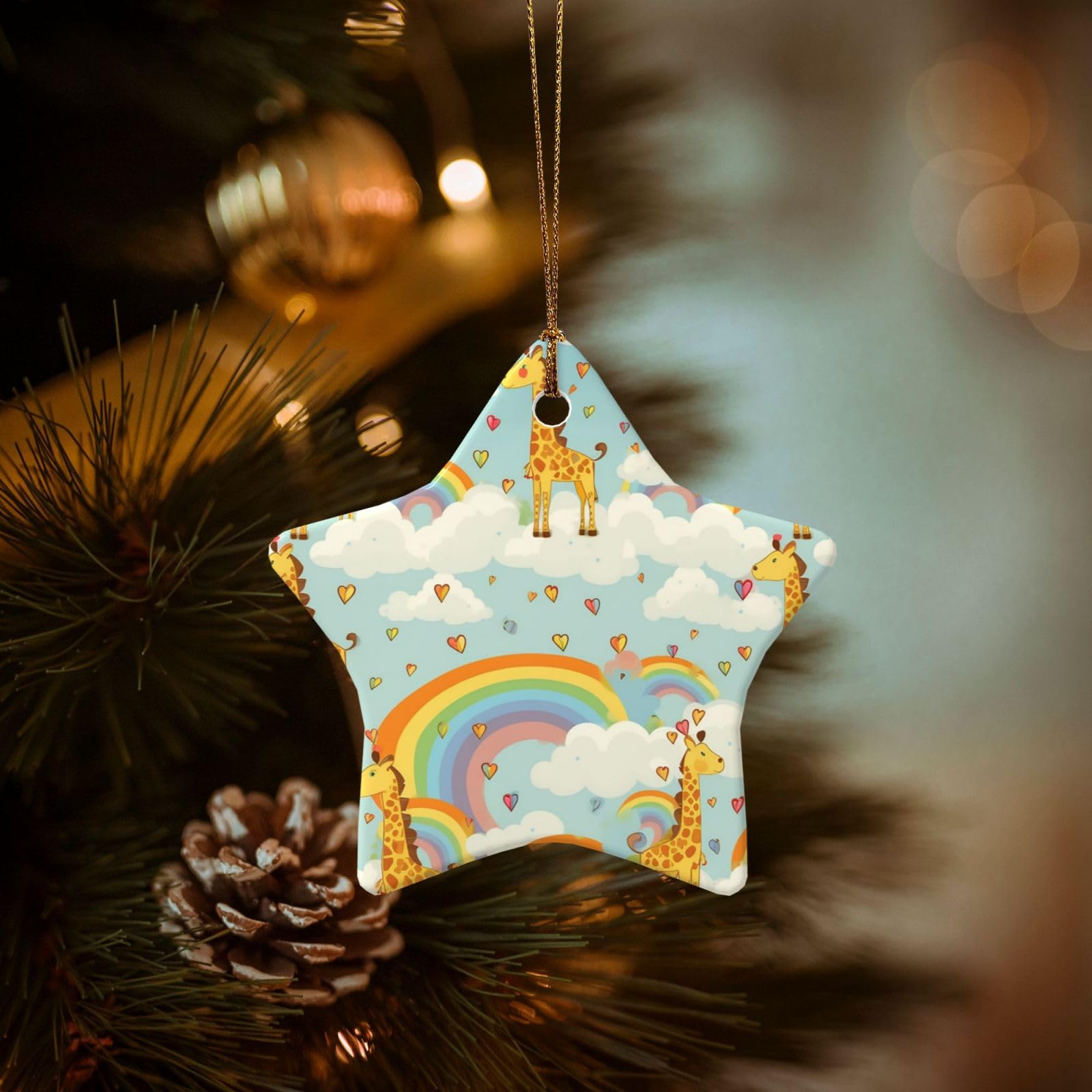 Christmas Tree Ornaments Ceramics Christmas Decorations Cartoon Giraffe Rainbow Clouds Ornaments with Gold Ribbon Porcelain Xmas Tree Crafts Star Shape Hanging Pendant for Christmas Tree Party Decor