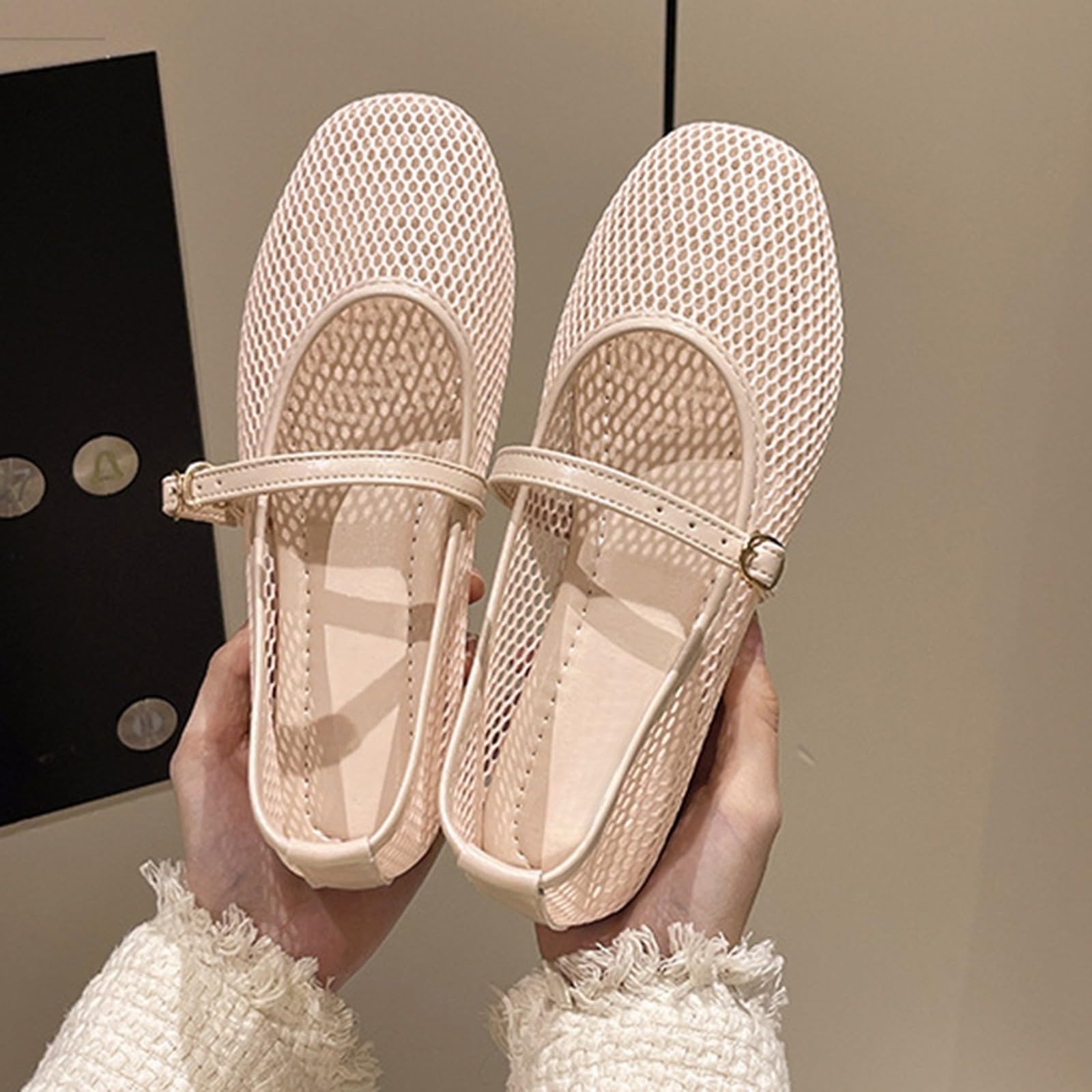 Ballerine Donna Mary Jane Scarpe Basse in Rete con Cinturino Ballerina Estive Eleganti Comode Traforate Stile Casual Traspirante Punta Rotonda Mesh Piatte