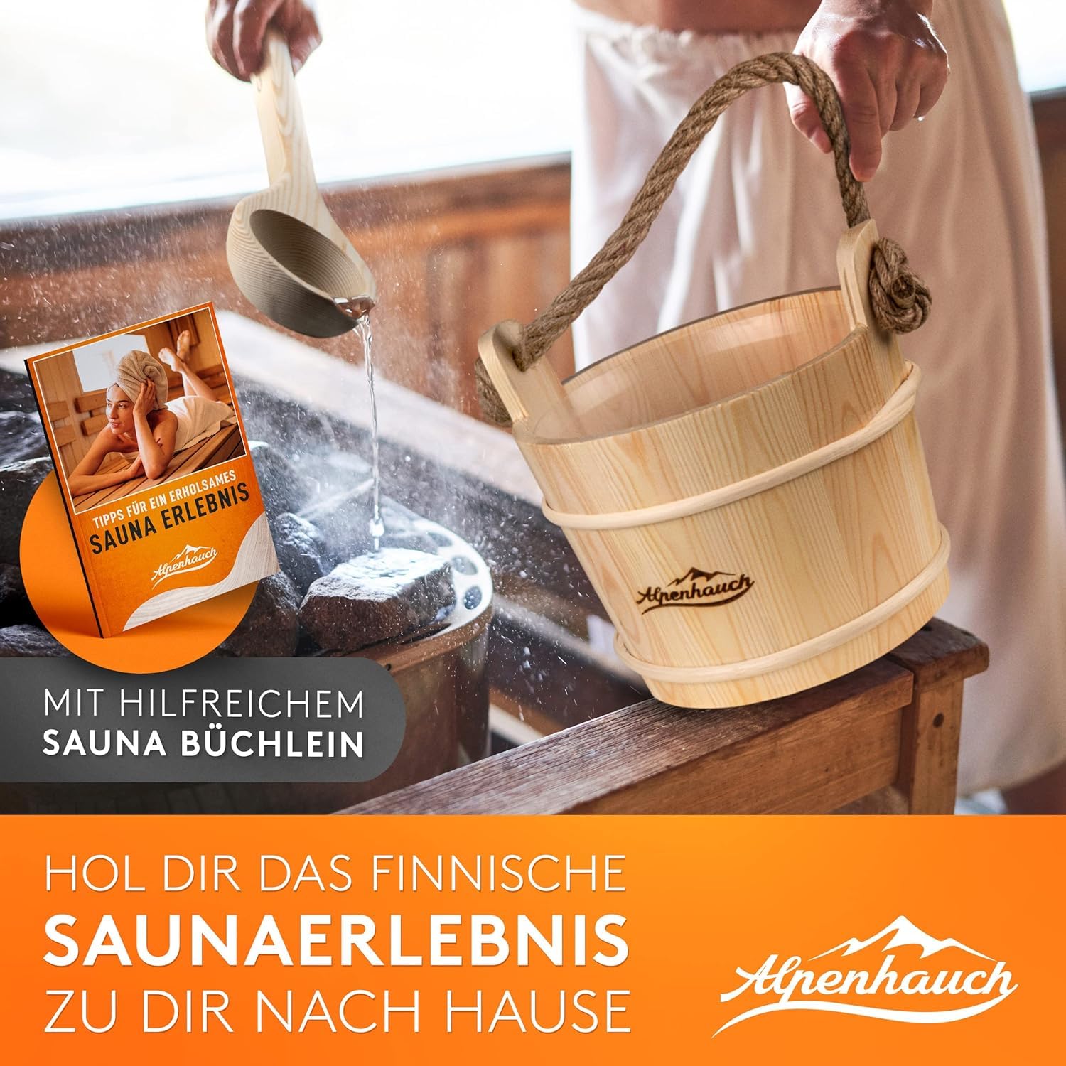 ALPENHAUCH Sauna Eimer mit Kelle 100% Naturholz - Saunakübel mit Sanduhr & Thermometer - Sauna Zubehör Aufgusseimer Set