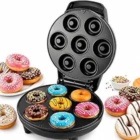Máquina de Donuts Elétrica 110V 1200W com 7 Cavidades Antiaderentes – Mini Donuts Maker para Rosquinhas, Bolinhos e Pão de Queijo, Aquecimento Rápido, Fácil de Usar, Ideal para Café da Manhã e Festas