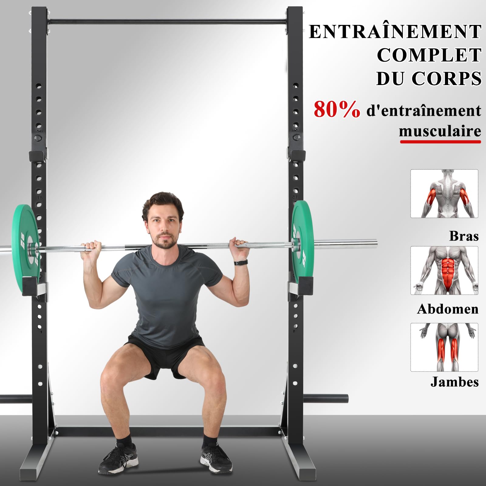 ISE Cage Squat Musculation, Support Barre Musculation Squat Cage, Rack de Squats, Pull Up Rack avec Barre de Traction Stable&Solide, Rack Musculation 23 Positions Réglable, Power Rack Home Gym Noir