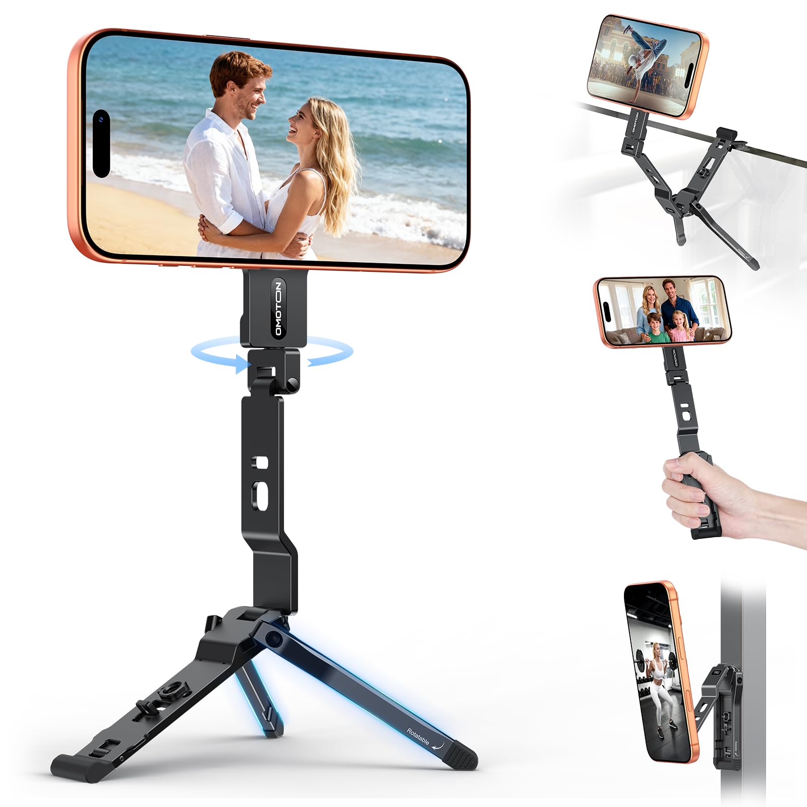 OMOTON TP03 Rotation à 360° pour trépied MagSafe, trépied magnétique ultrafin de 12mm avec vis et Crochet 1/4", pour iPhone 17/16/15 Pro Max, Support de téléphone pour vlog, Salle de Sport, Voyage