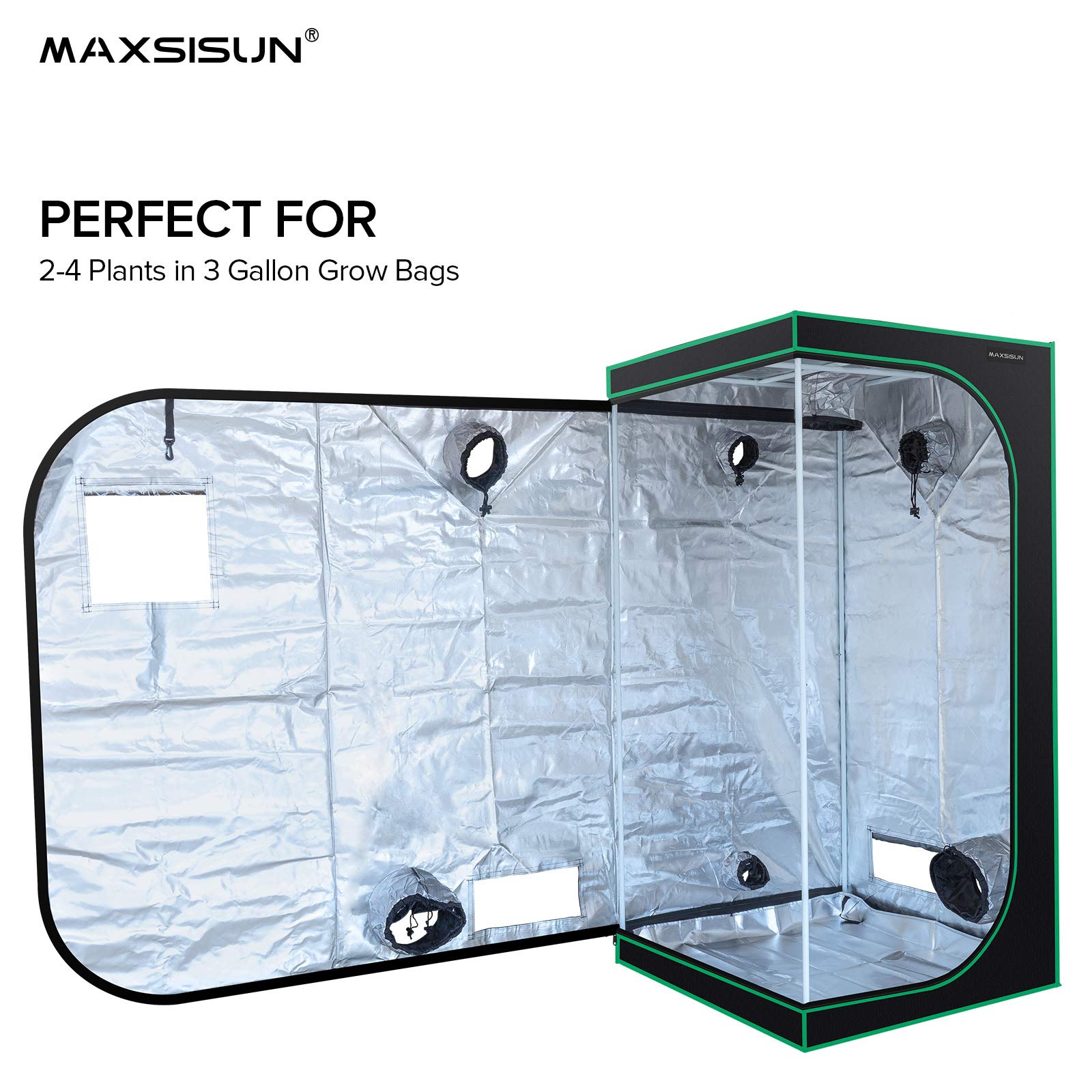 MAXSISUN 3x3 Growzelt 600D Mylar Hydrokultur Zimmerpflanzen Anzuchtzelt mit Beobachtungsfenster und Bodenwanne 36x36x72 Grow Cabinet für 4 Pflanzen Garten