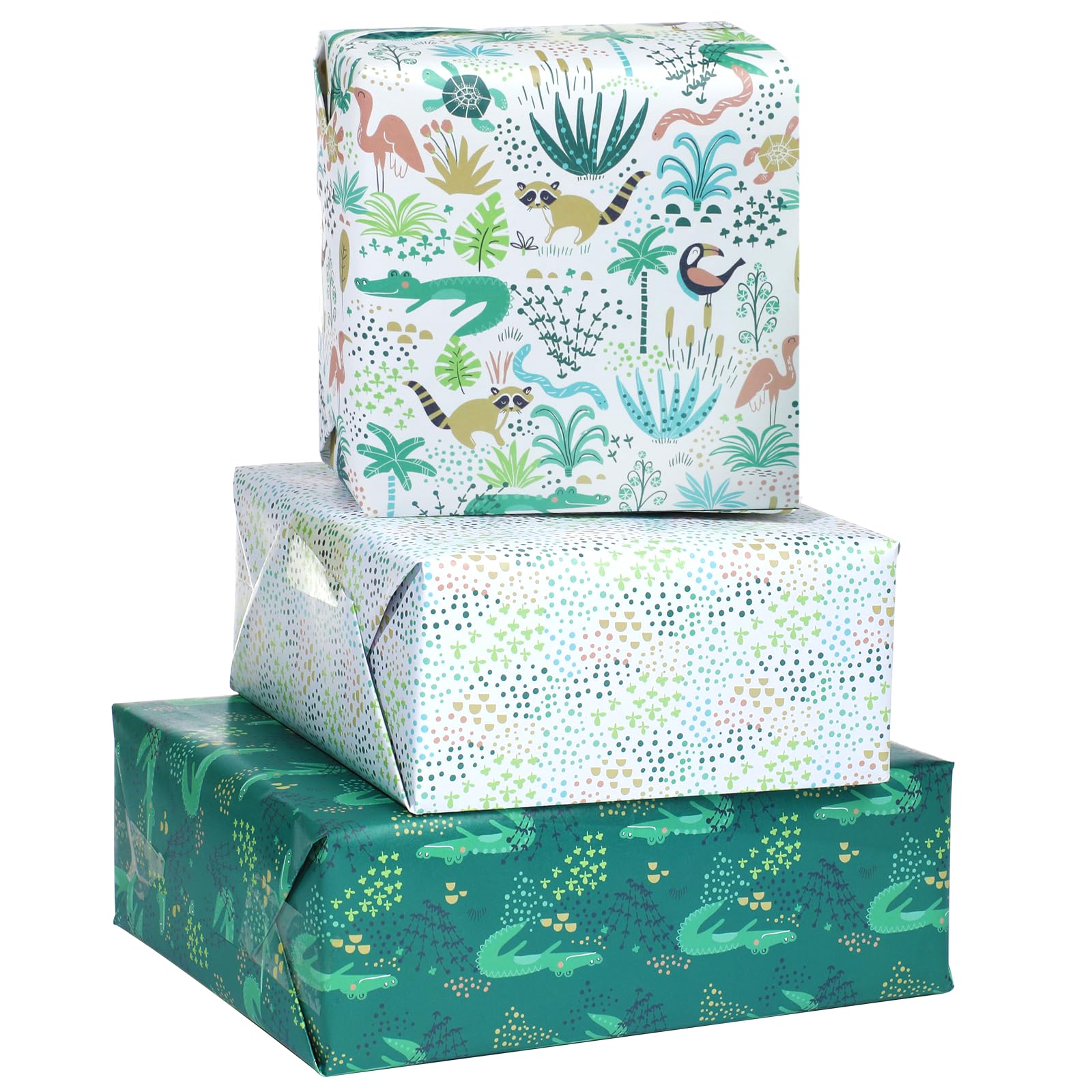 Pineraap Boy Safari & Shark Wrapping Paper - 9 Sheets Kraft Gift Wrap with 4 Sheets Stickers, Birthday & Baby Shower Supplies - Cartoon Jungle & Polka Dot Themes, 19.7""x27.6"", green
