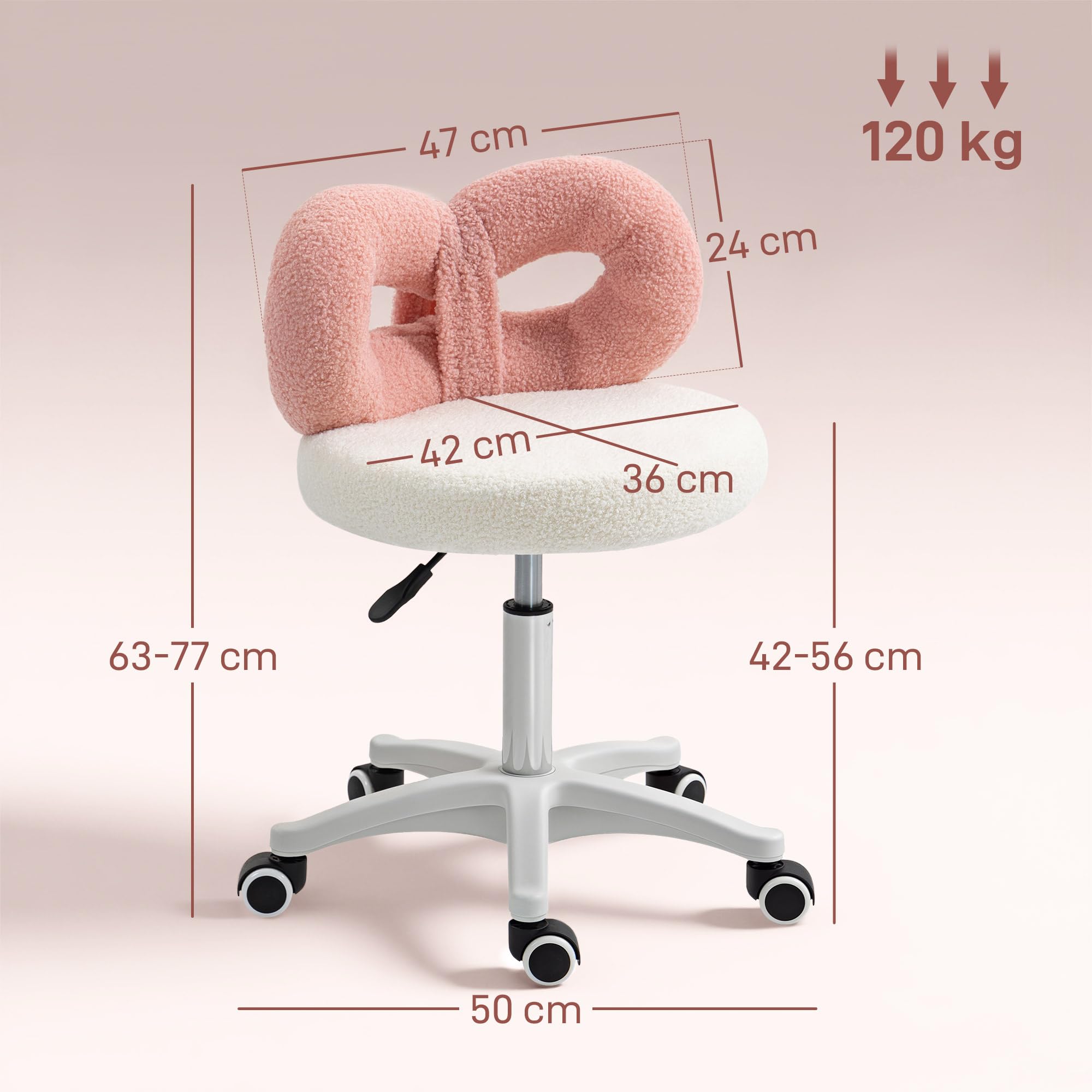 HOMCOM Taburete Giratorio con Respaldo con Ruedas 63-77 cm Blanco y Rosa | Taburete con Ruedas, Altura Regulable, Tapizado en Tejido de Borreguito, para Oficina Tocador Salones Talleres Spa Masaje