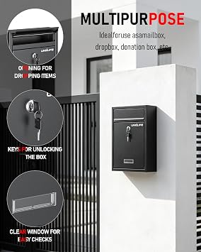 Uniclife Wall Mount Mailbox for Outside, Locking Mail Box, Black