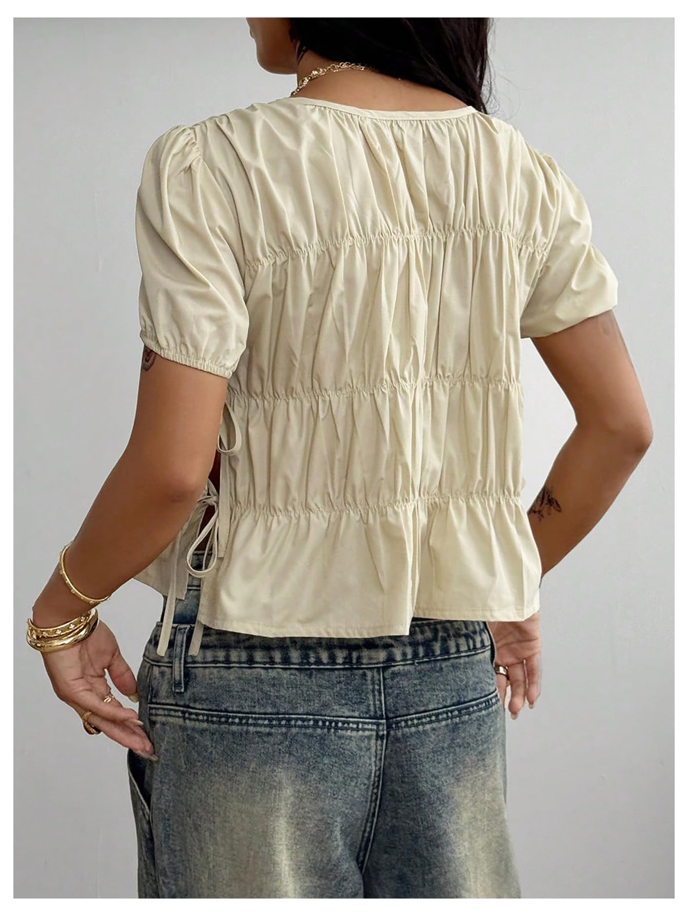 Floerns Women's Y2k Puff Sleeve Blouse Tie Side Ruffle Hem Concert Outfit Shirts