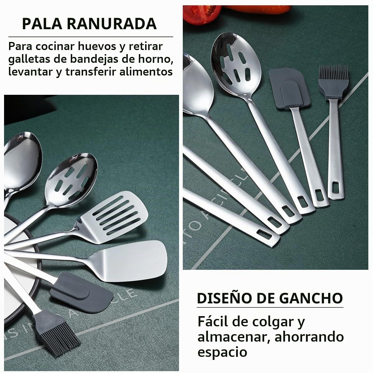 Juego de utensilios de cocina de acero inoxidable 40 piezas con soporte para utensilios, utensilios de cocina elementos esenciales, juego de espátula de metal