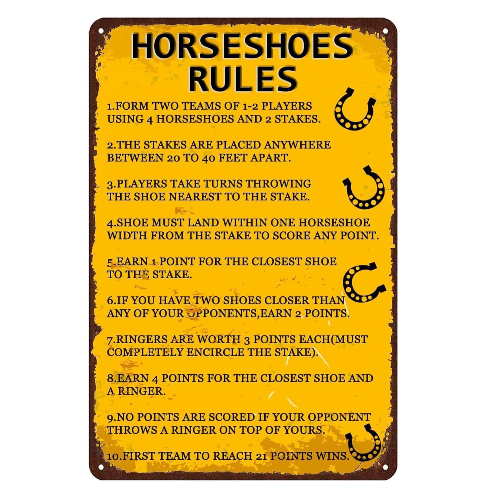 Vintage Metal Tin Sign, Horseshoes Rules First To 21 Points Wins Decor, 8x12 Inch