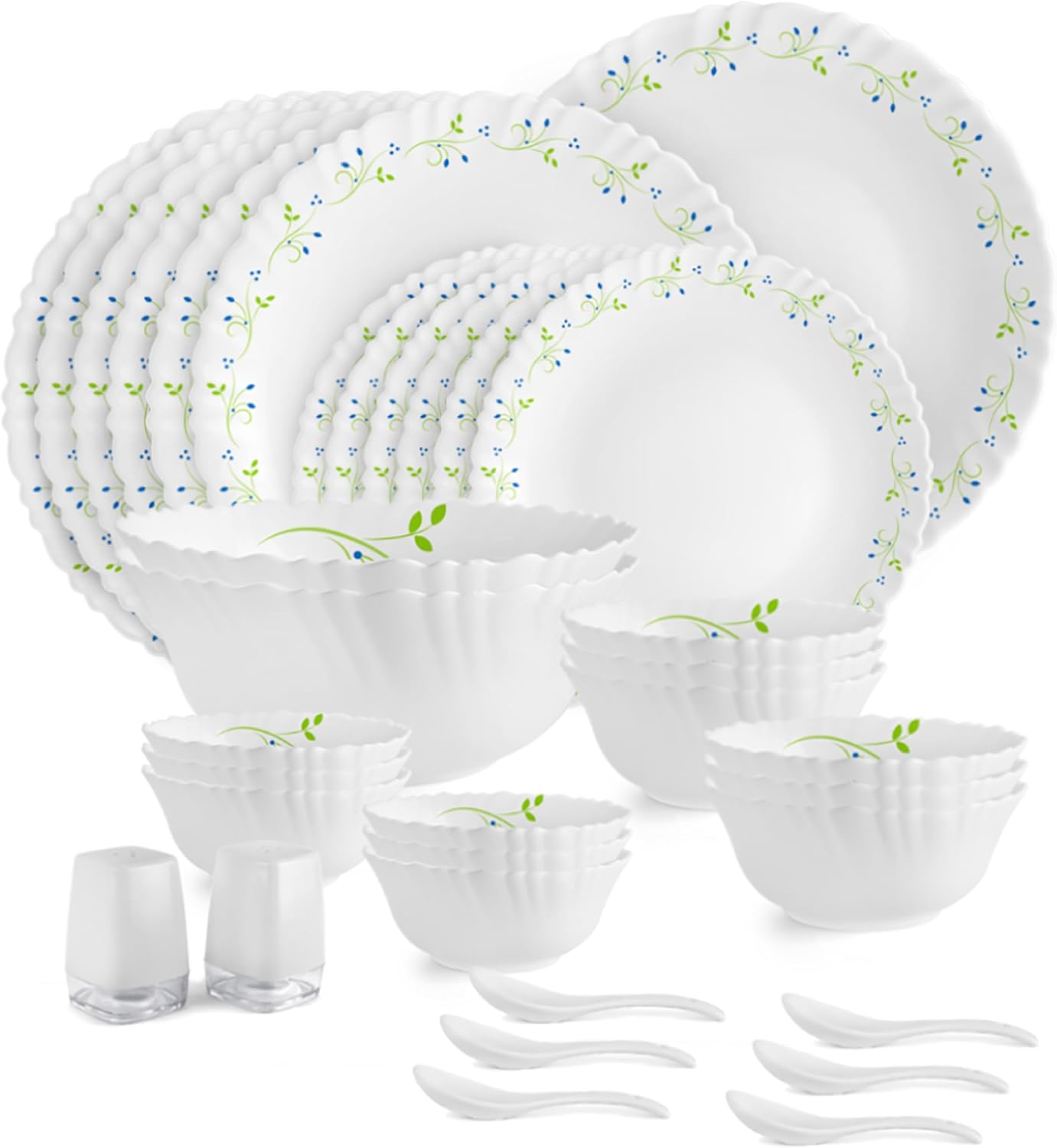 Cello Tropical Lagoon Dazzle Series Opalware Dinner Set, 35-Pieces, Service for 6, White