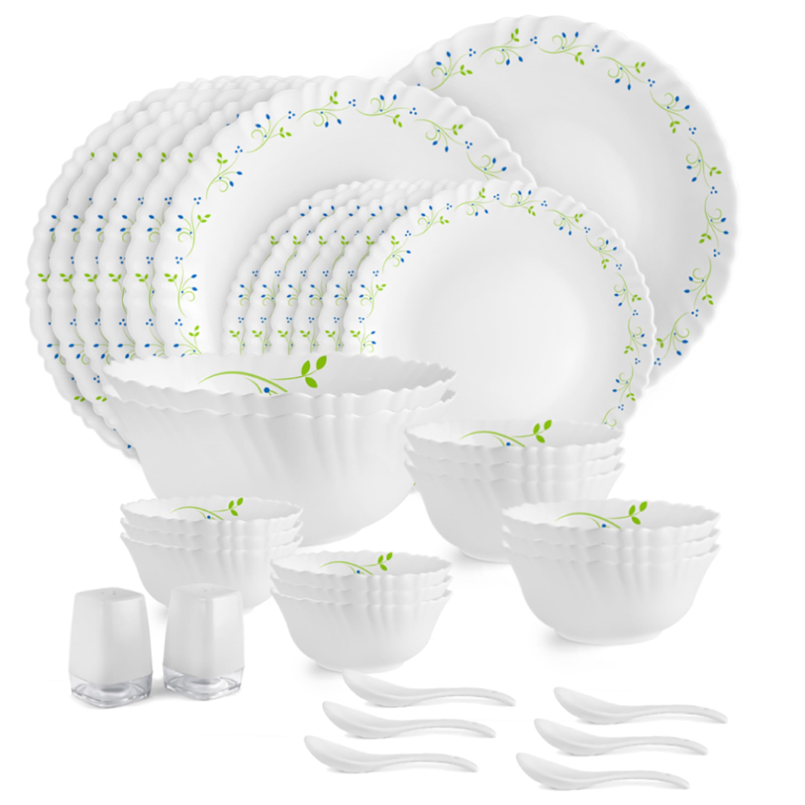 Cello Opalware Dazzle Series Tropical Lagoon 35-Piece Dinner Set Serving for 6 | Chip-Resistant Crockery Set For Daily Use & Giftings | Microwave & Dishwasher Safe | Bone Ash-Free White Plates & Bowls
