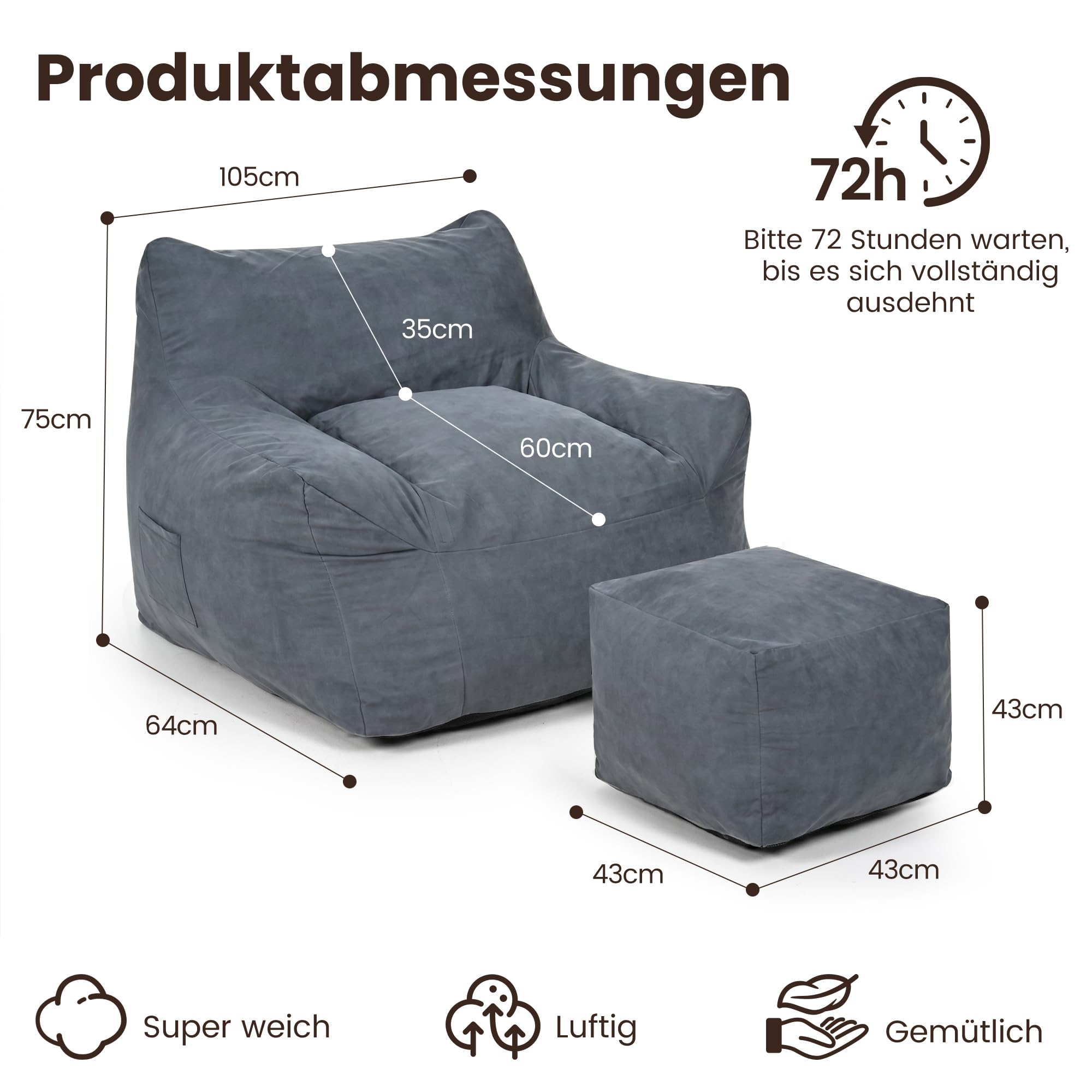 Pamapic Sitzsack XXL Wasserfest Erwachsene Indoor Outdoor mit Hocker Füllung Seitentaschen Polyester Dunkelgrau