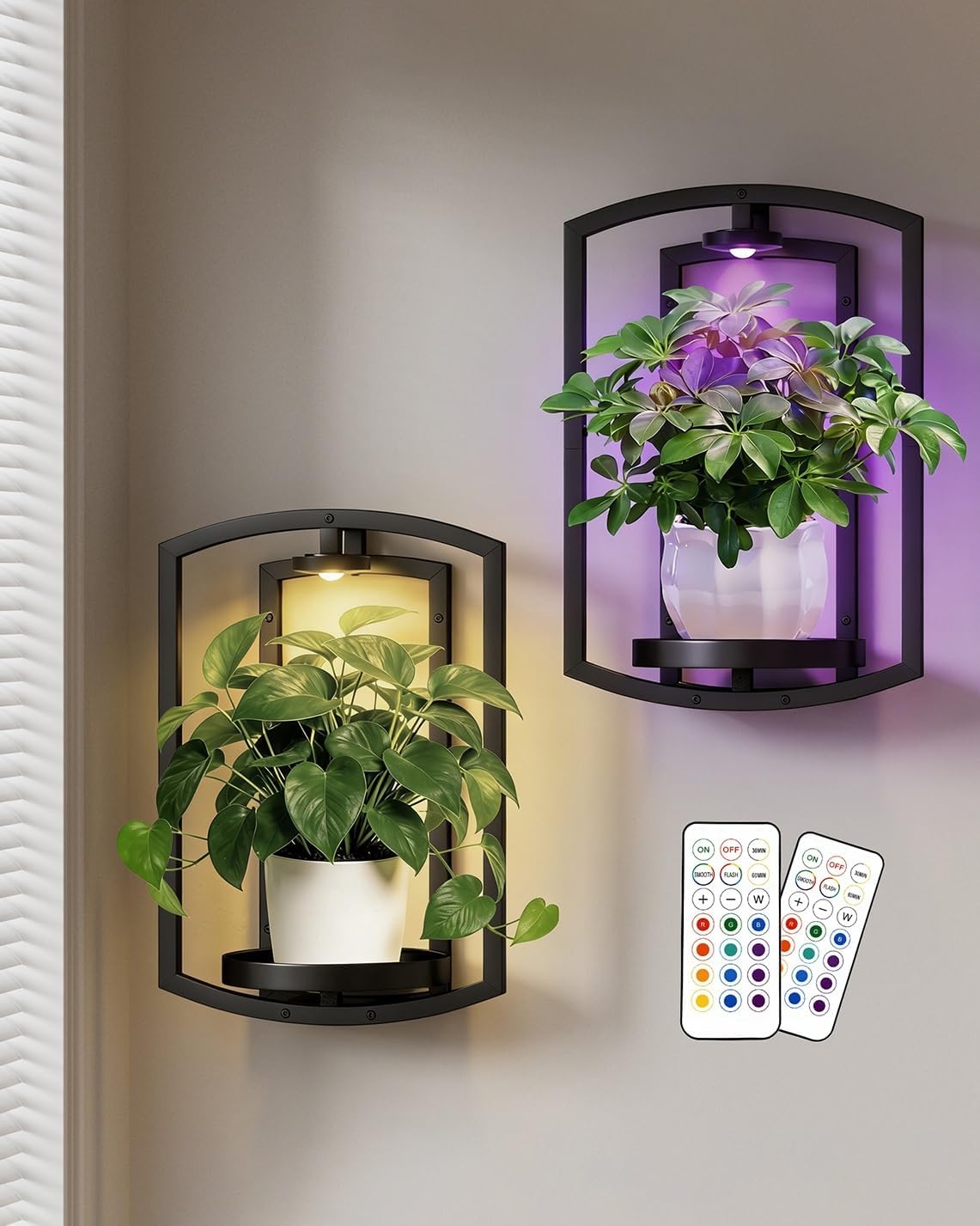 Wall Plant Holder, Wall Planters for Indoor Plants with Wireless Remote Lights, Frame Plant Wall Shelves Wall Mounted Plant Holder for Living Room, 2 Pack