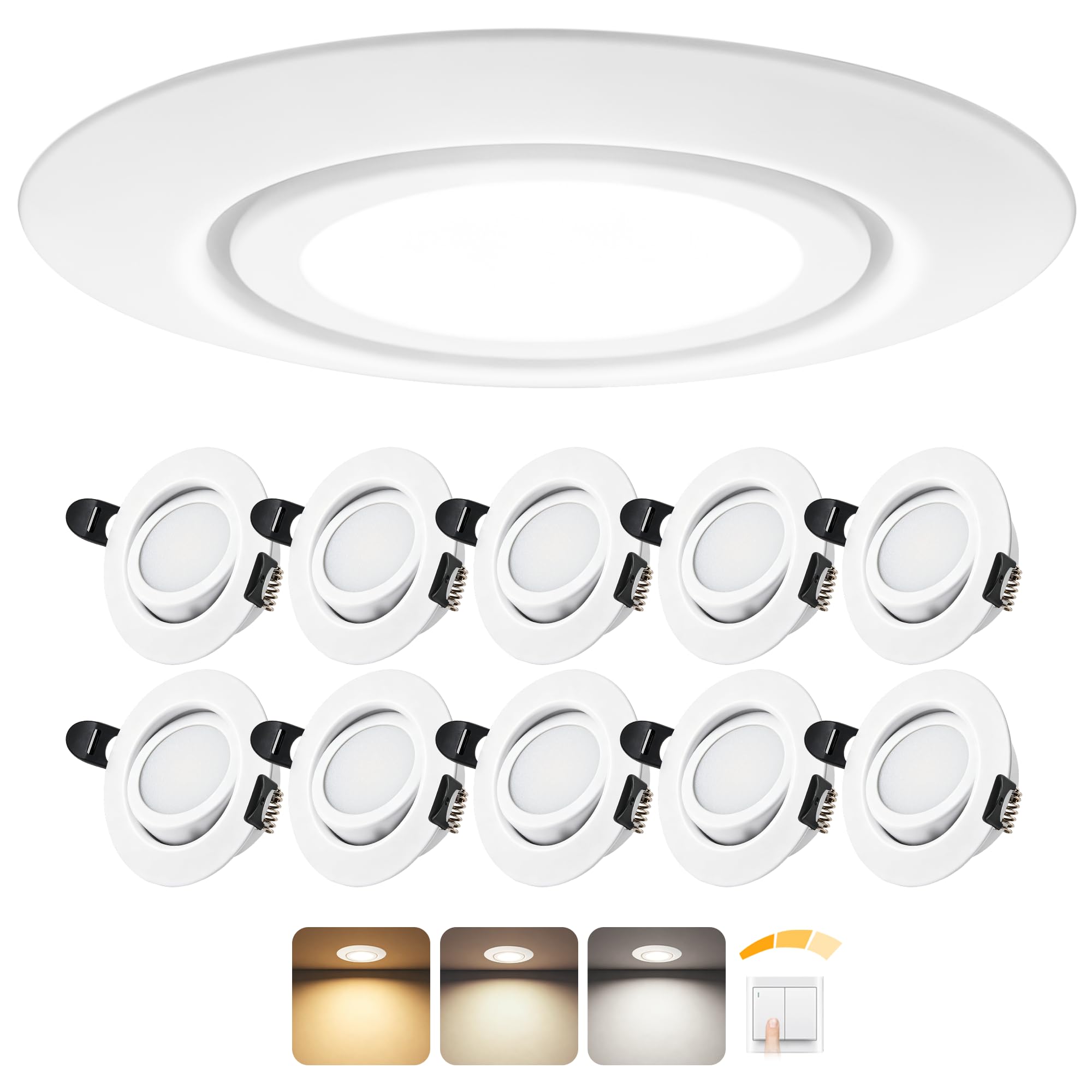 LED Einbaustrahler 230V Dimmbar 3 Stufen 45°Schwenkbar LED Spots, 10er Set | 6W 3CCT 3000K/4000K/6000K, Laiebri IP44 Einbauleuchten Deckenspots für Badezimmer Küche Wohnzimmer, Ø65–80mm Lochmaß