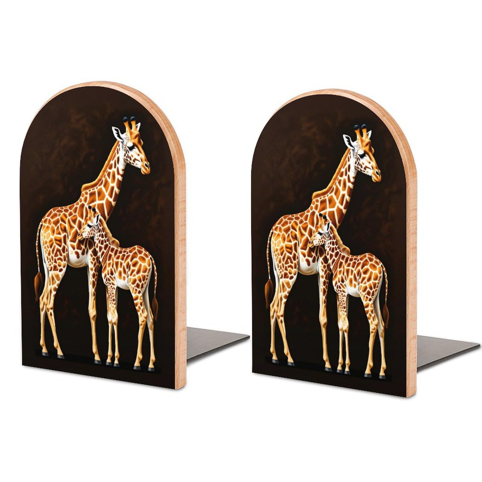 Giraffe Solid Beech Wood Bookends, Decorative Book Ends for Shelves, Non-Skid Desktop Book Organizer for Home Office, Library Decor (1 Pair, 4.7" X 6.7")