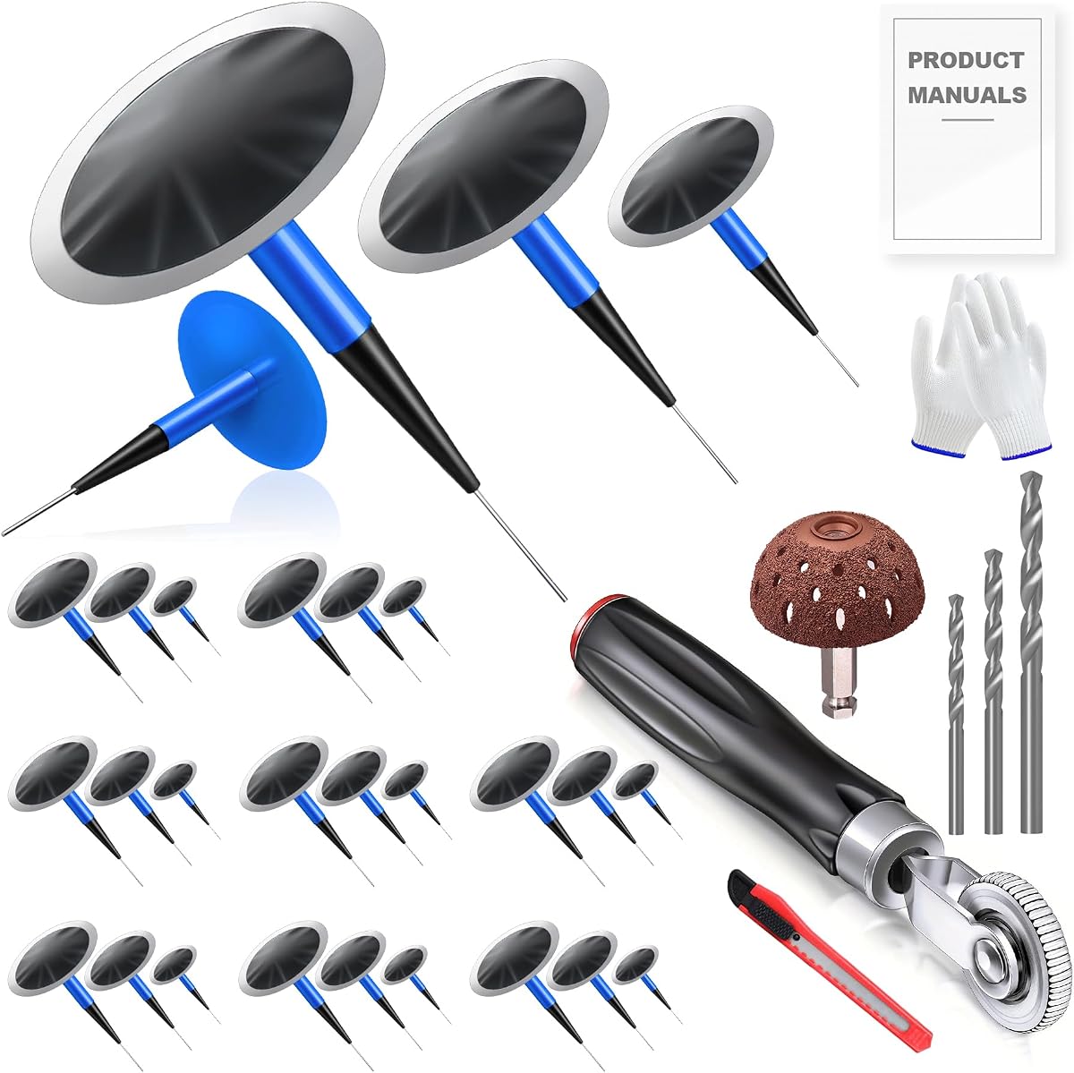 Tire Repair Patch Tool Kit Includes 24PCS Tire Patch Plugs(1.42"&1.81"&2.36"),Tire Patch Roller,Tungsten Buffing Wheel and Twist Drill Bits,Tire Patch Kit for Vehicles