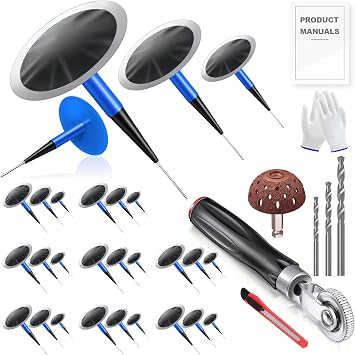Tire Repair Patch Tool Kit Includes 24PCS Tire Patch Plugs1.42"&1.81"&2.36",Tire Patch Roller,Tungsten Buffing Wheel and Twist Drill Bits,Tire Patch Kit for Vehicles