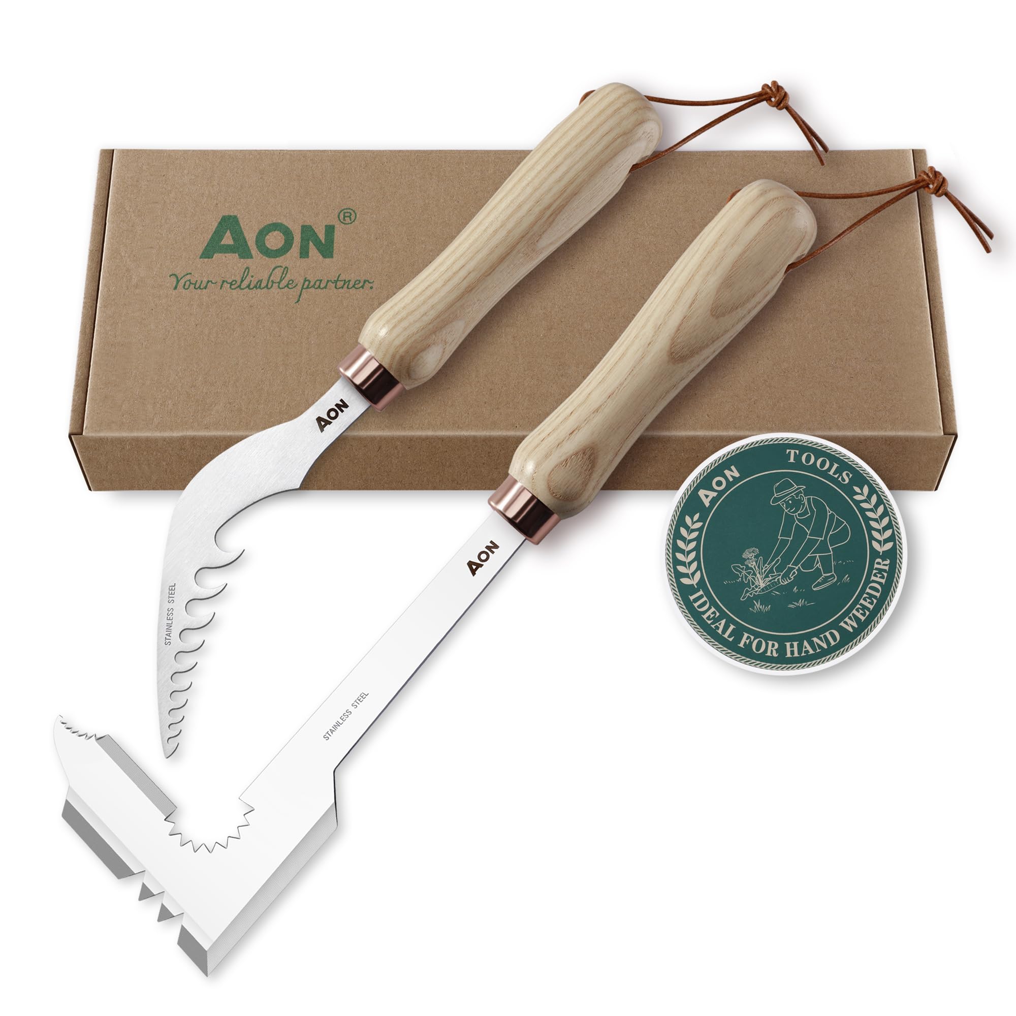 AON 2-Pack Sarchiatore per Erbacce Estirpatore Erbacce Manuale Set - Realizzati in Acciaio Termotrattato con Manici Frassino Ergonomici, Perfetti per Giardini e Prati Eliminare Erbacce e Radici