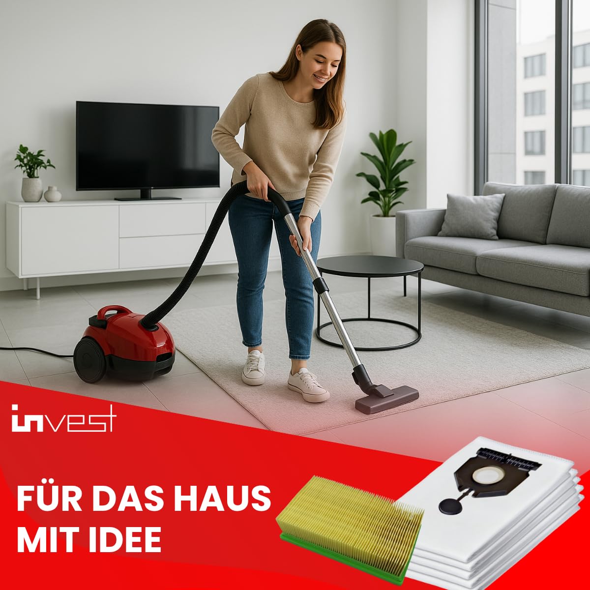 Invest - Staubsaugerbeutel, Beutel kompatibel mit Karcher: 2.889-154.0, NT 30/1 Tact Te L, NT 30/1 Tact Te M, NT 30/1 Tact L, NT 30/1 Ap Te L, NT 30/1 Ap L, 30 l - Filtertüten Ersatz, weiß, 5 Stück
