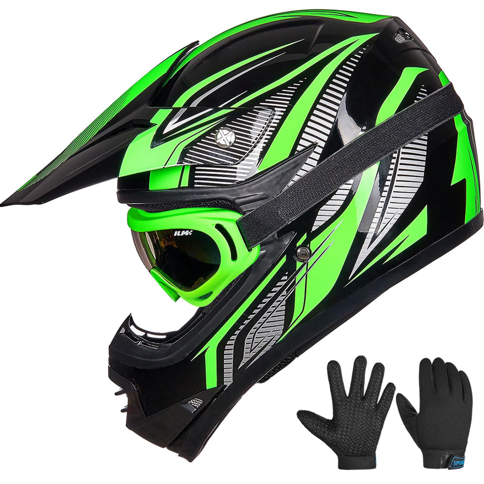 ILM Dziecięcy kask motocyklowy Cross Dirt Bike dla chłopców i dziewcząt, uniseks, homologacja ECE22.06 Full Face Off Road ATV Enduro MTB z rękawicami Gogle Model B07, czarny zielony, XL