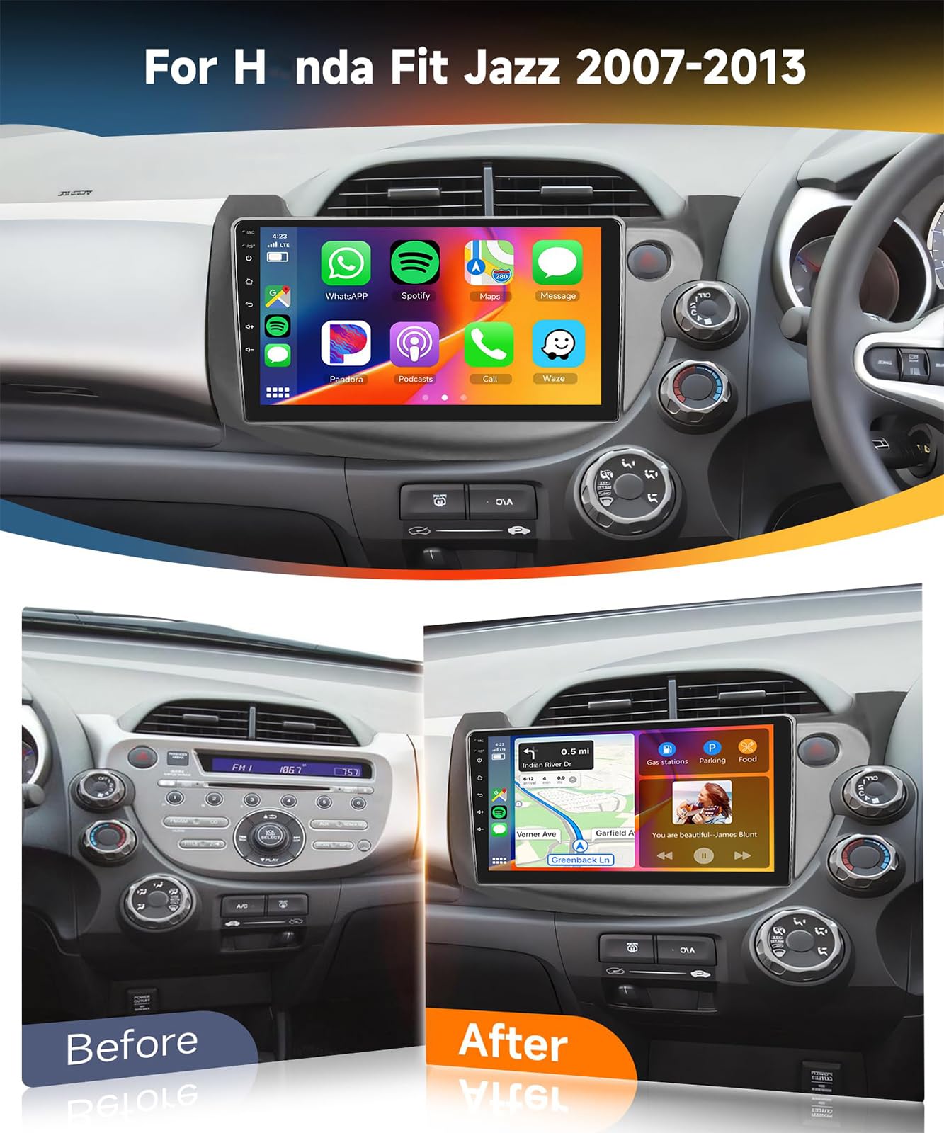 4Core 64G do radia samochodowego Carplay H-onda Jazz 2007-2013, 10-calowy ekran dotykowy IPS z DSP, Bluetooth, Android Auto, GPS, WiFi, FM/RDS, SWC, kamera,K5 pro