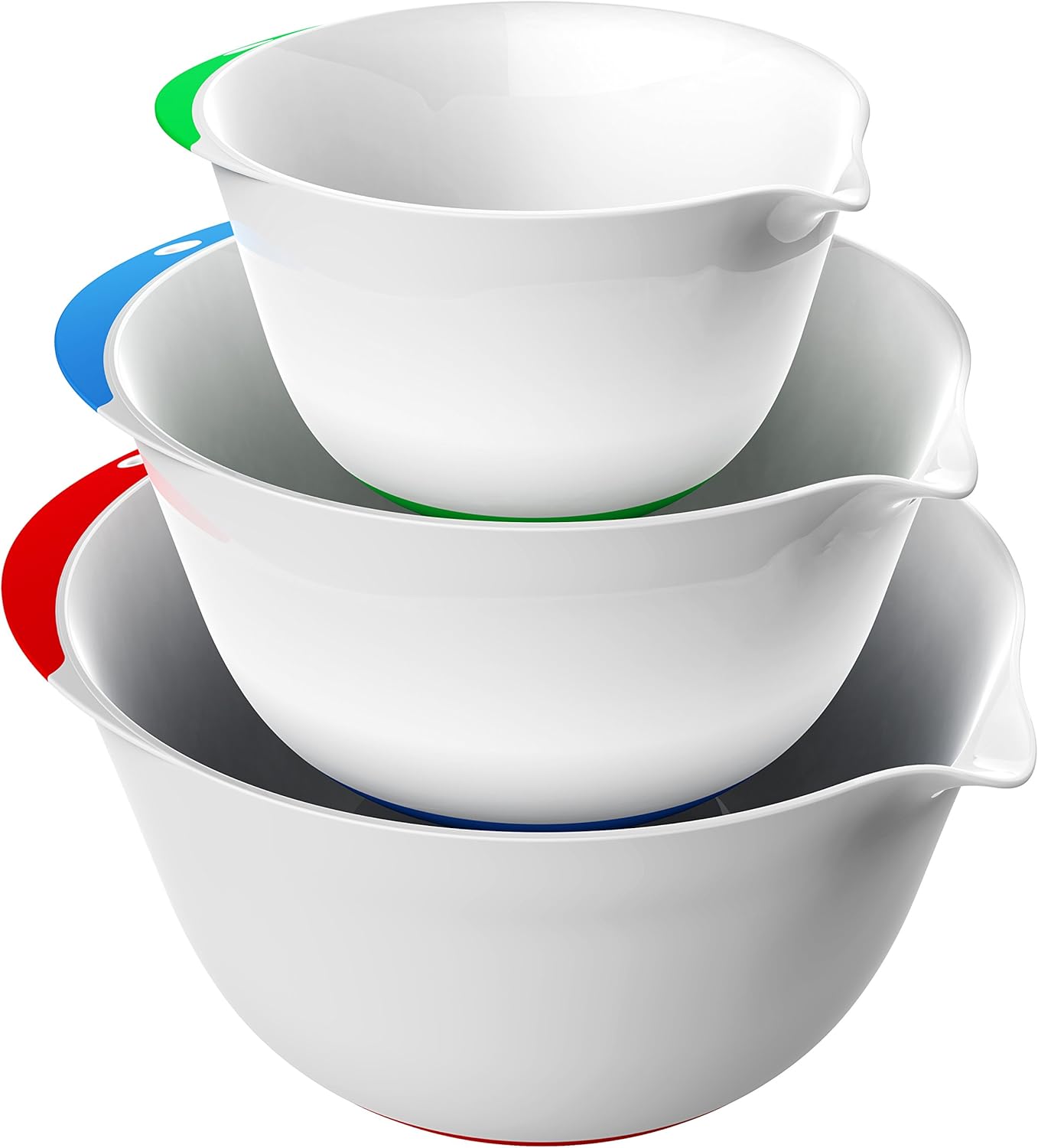 Vremi 3 Piece Plastic Mixing Bowl Set - Nesting Mixing Bowls with Rubber Grip Handles Easy Pour Spout and Non Slip Bottom - Three Sizes Small Large Capacity for Kitchen Baking or Salad