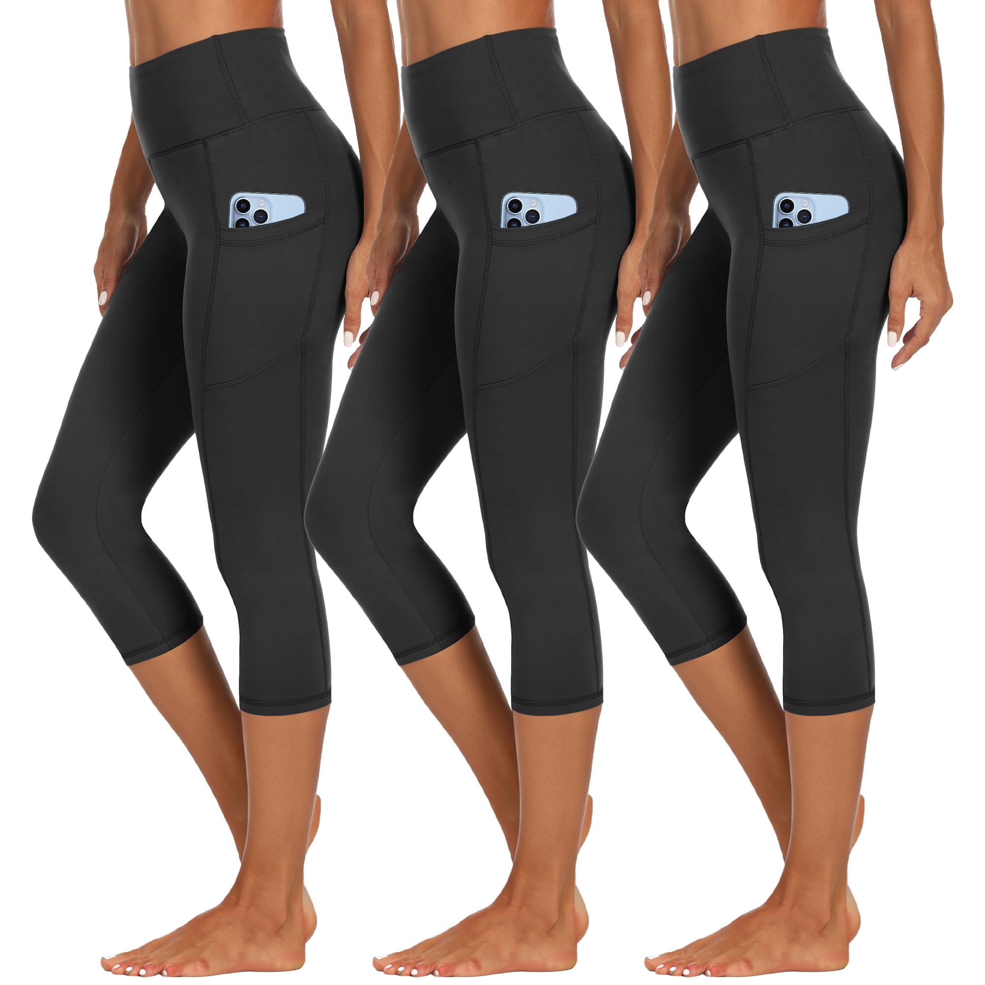 HIPOWER 3er Pack Leggings Damen mit Taschen Capri Sporthose 3/4 Hose Damen 7/8 Caprihose High Waist Yoga Sommer Sportleggings für Fitness Gym