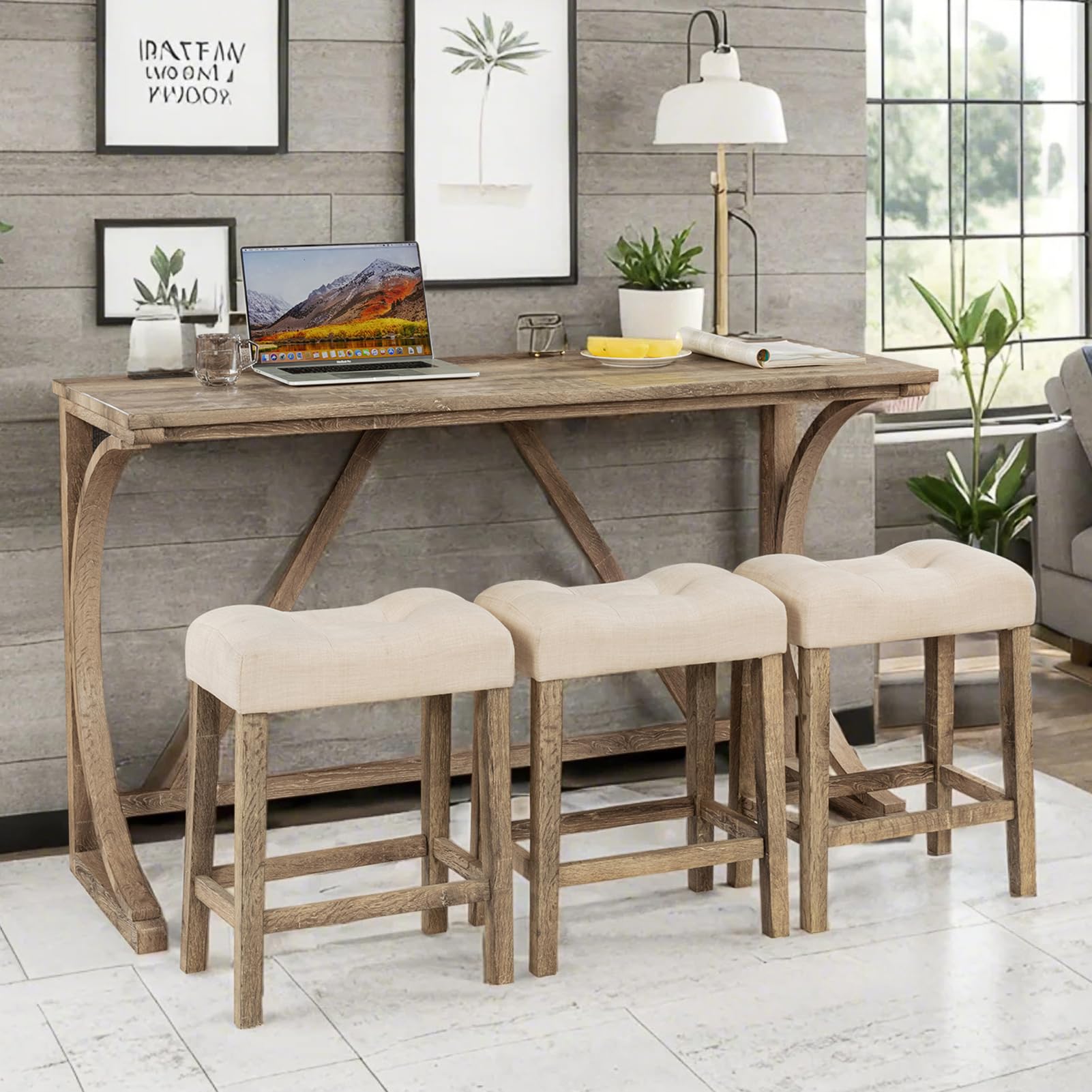 YWUFUART 59" Counter Height Bar Table Set with Power Outlet, Industrial Breakfast Table with 3 Padded Stools, 4 Piece Bar Table and Chairs Set for