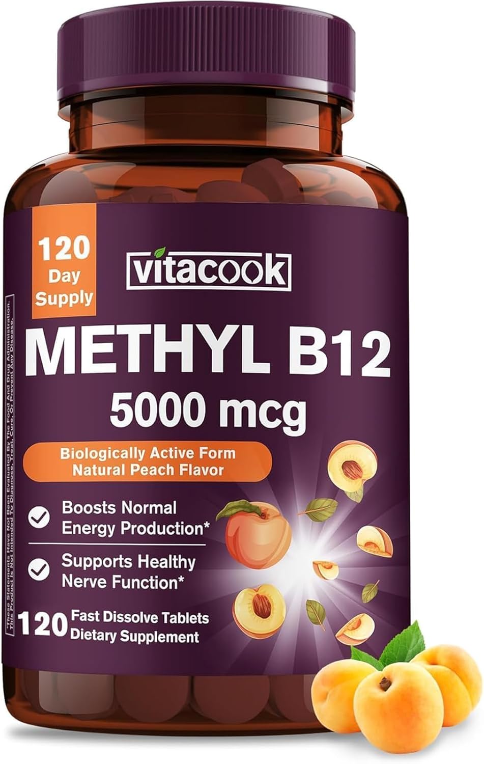 Vitamin B12 Sublingual, Methylcobalamin 5000mcg for Energy Production, Energy, Nerve & Cell Support, Natural Peach Flavor, Vegan, Zero Sugar, 240 Fast Dissolve Tablets