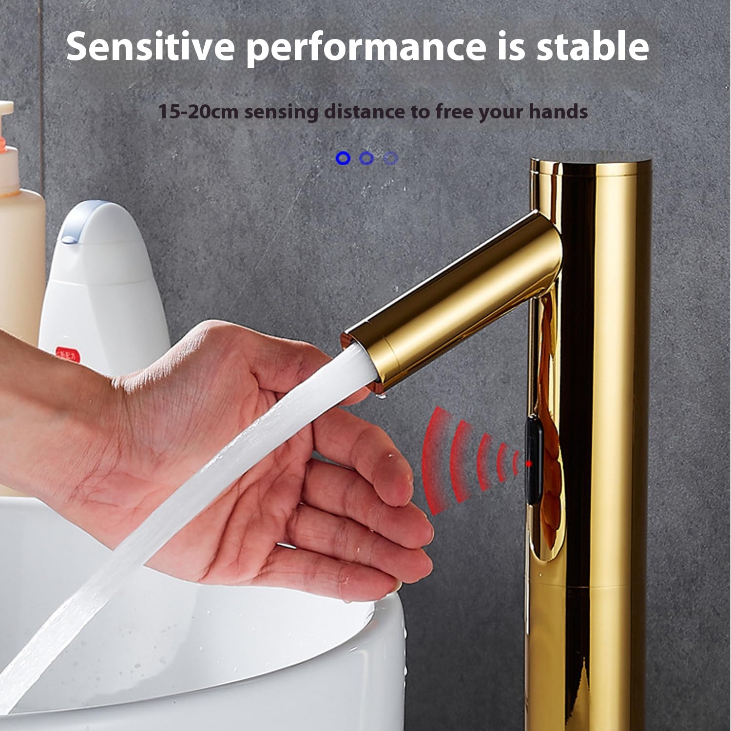 Genérico Grifos de Sensor automático para Lavabo de baño, Grifo Mezclador sin Contacto con Control de Agua Caliente y fría, grifos de Lavabo Alto con Acabado Dorado