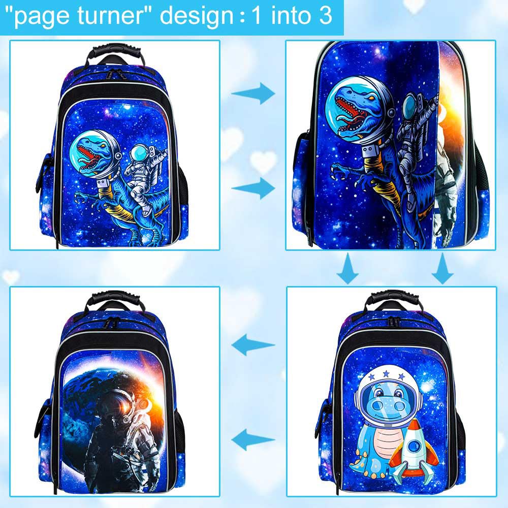 UFNDC Dinosaurier-Rucksack für Jungen, Vorschul-Büchertasche mit Lunchbox, 40,6 cm, wasserabweisend, Schultasche für Grundschulkinder, 3 Stück, Dinosaurier-Astronaut, 40,6 cm, Einheitsgröße,