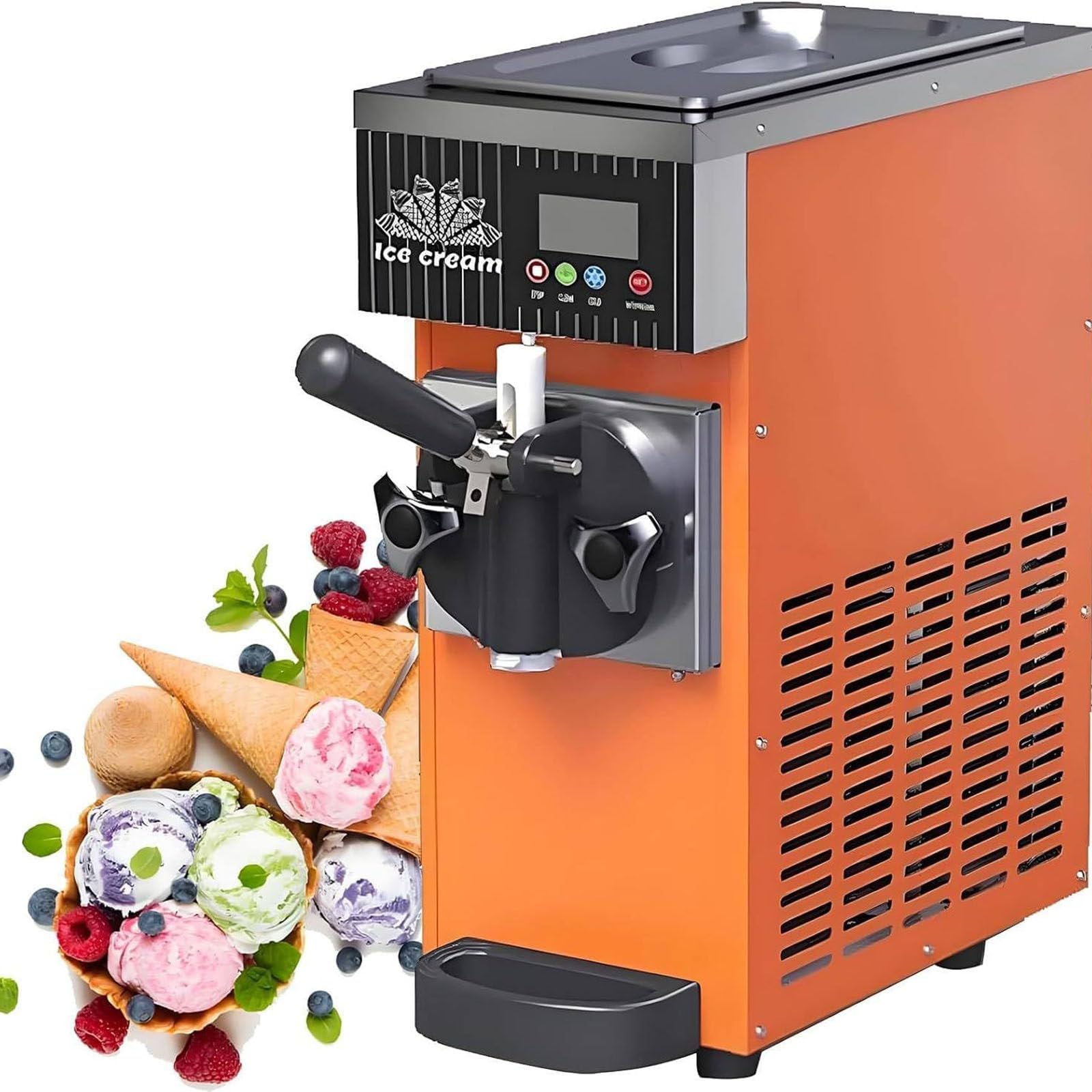 Máquina de helado suave para el hogar, máquina de helado suave de mostrador, rendimiento de 4-5 kg/h, con preenfriamiento, autolimpieza, panel LCD, máquina de helado suave de un solo sabor. Orange