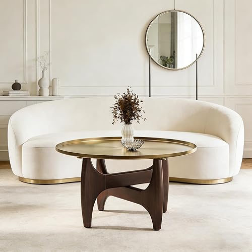 ACEDÉCOR Mesa auxiliar redonda, mesas de centro de 30 pulgadas con bandeja de oro cepillado y base de madera de nogal maciza, mesa central para sala