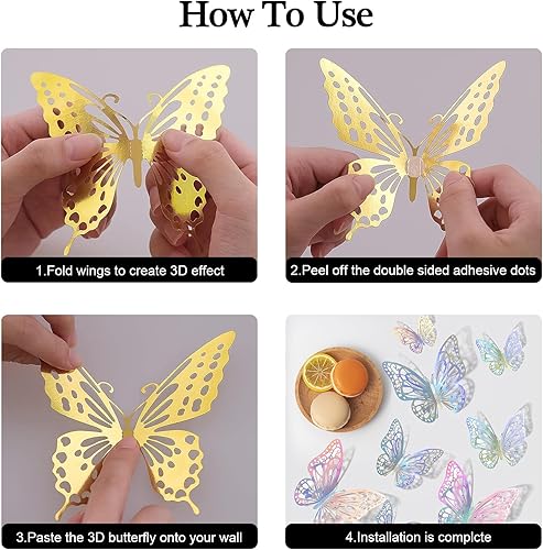 Miniatura 6 de Decoración de pared de mariposa 3D, 72 calcomanías extraíbles con calcomanías sin rastro, 3 tamaños, mural de habitación para guardería, aula,