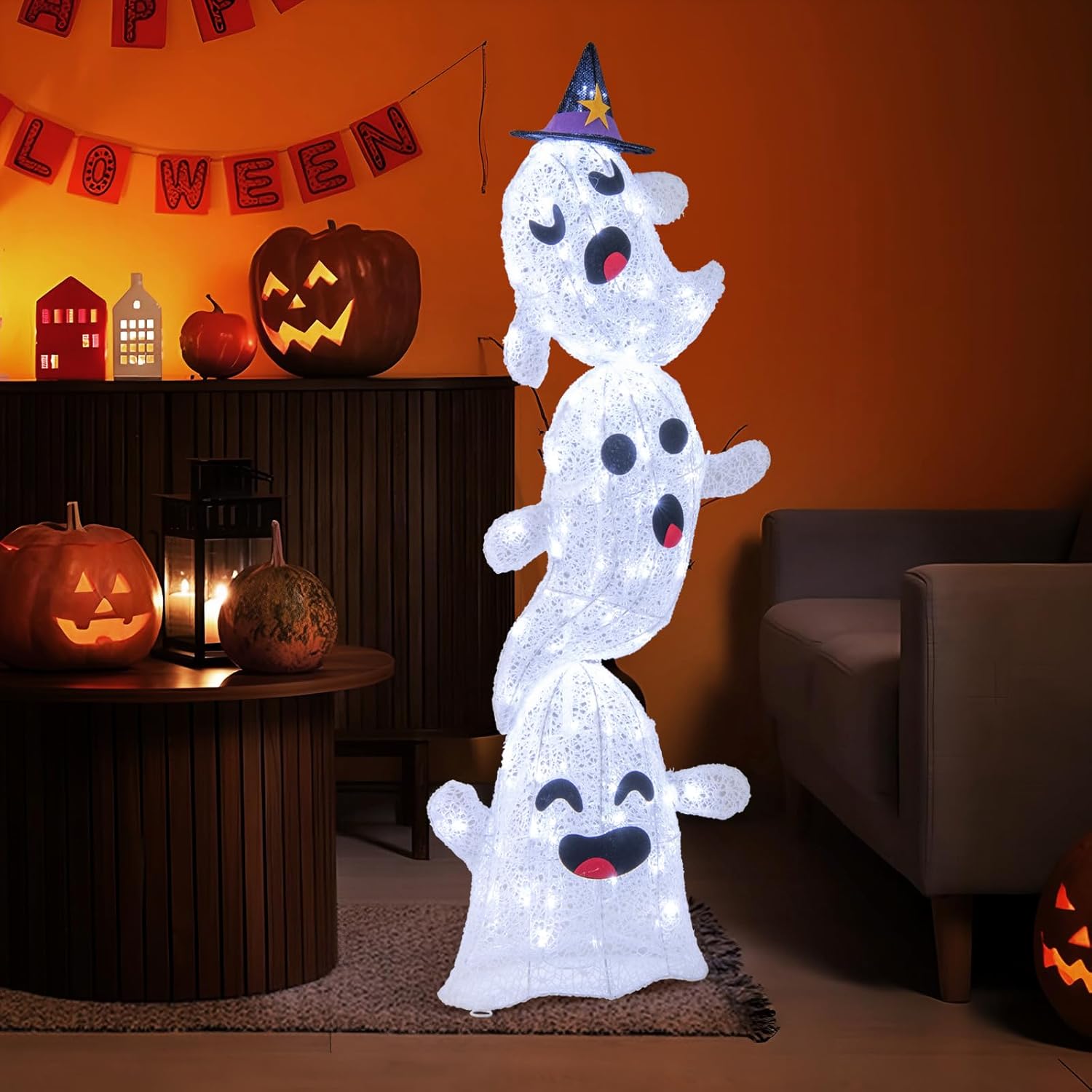 Goplus 4 Ft Halloween Decorations Outdoor Stacked Ghosts, Free-Standing Cute Yard Decorations with 120 Built-in LED Lights, Halloween Light up Spooky Ghosts for Lawn, Garden, Front Porch, Party