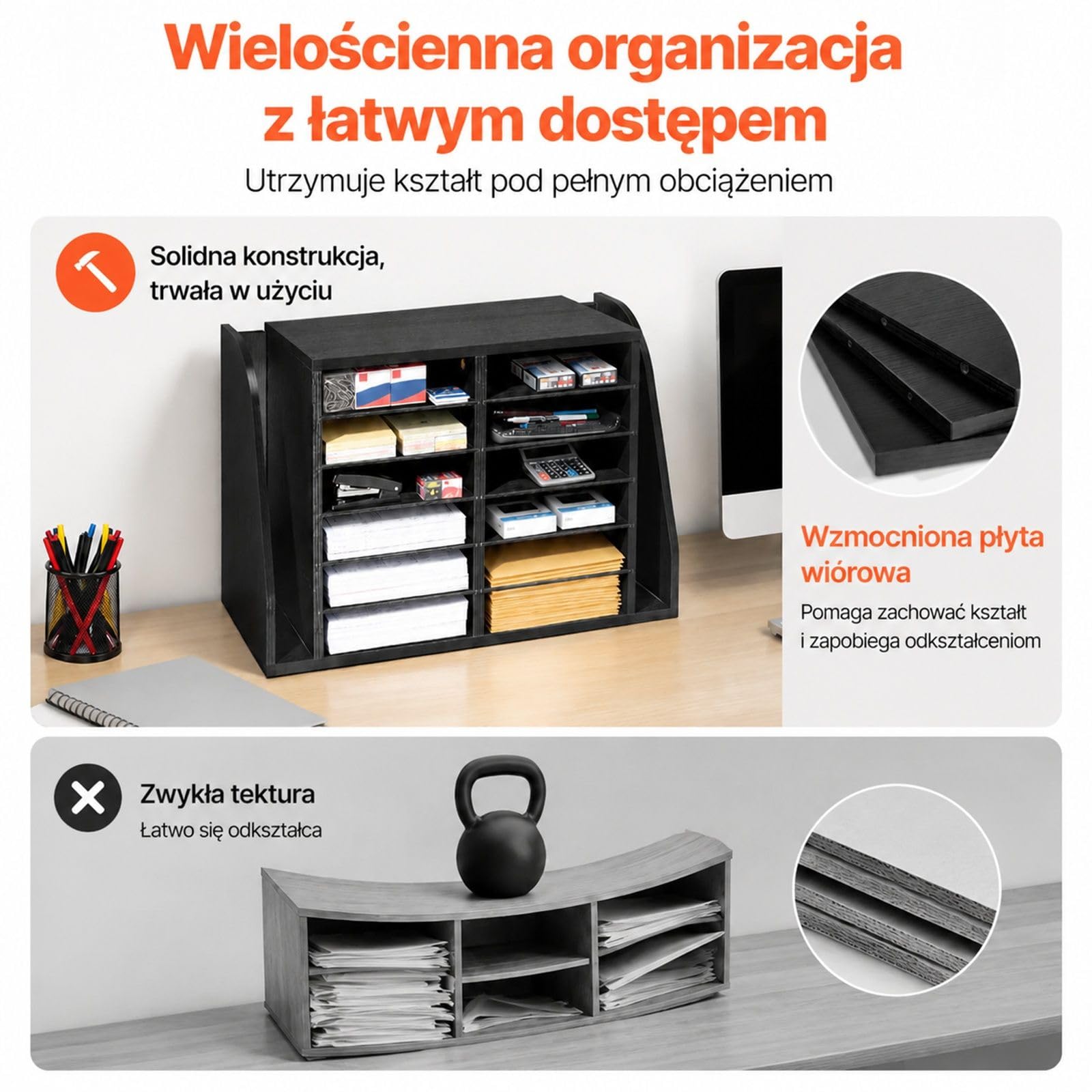 Czarny organizer z płyty wiórowej na dokumenty, 12 przegródek i pionowa sekcja na teczki, do biura, klasy, akt, książek oraz papieru