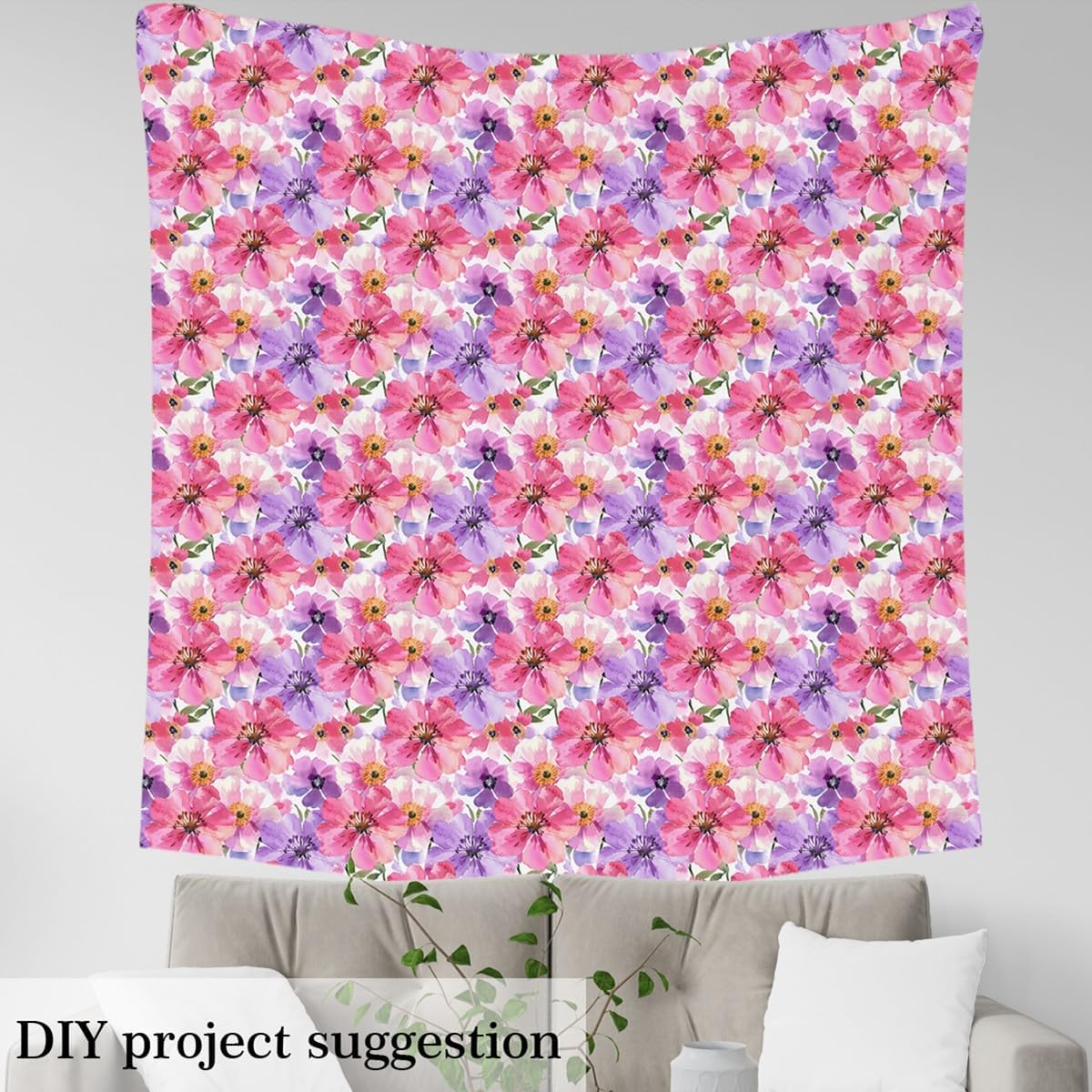 Watercolor Flowers Fabric by The Yard Pink Purple Tie Dye Wild Poppy Fabric for Sewing Lovers Dreamy Garden Floral Rustic Style Fabric for Room Decor and DIY Upholstery 2 Yards,72" L x 59" W