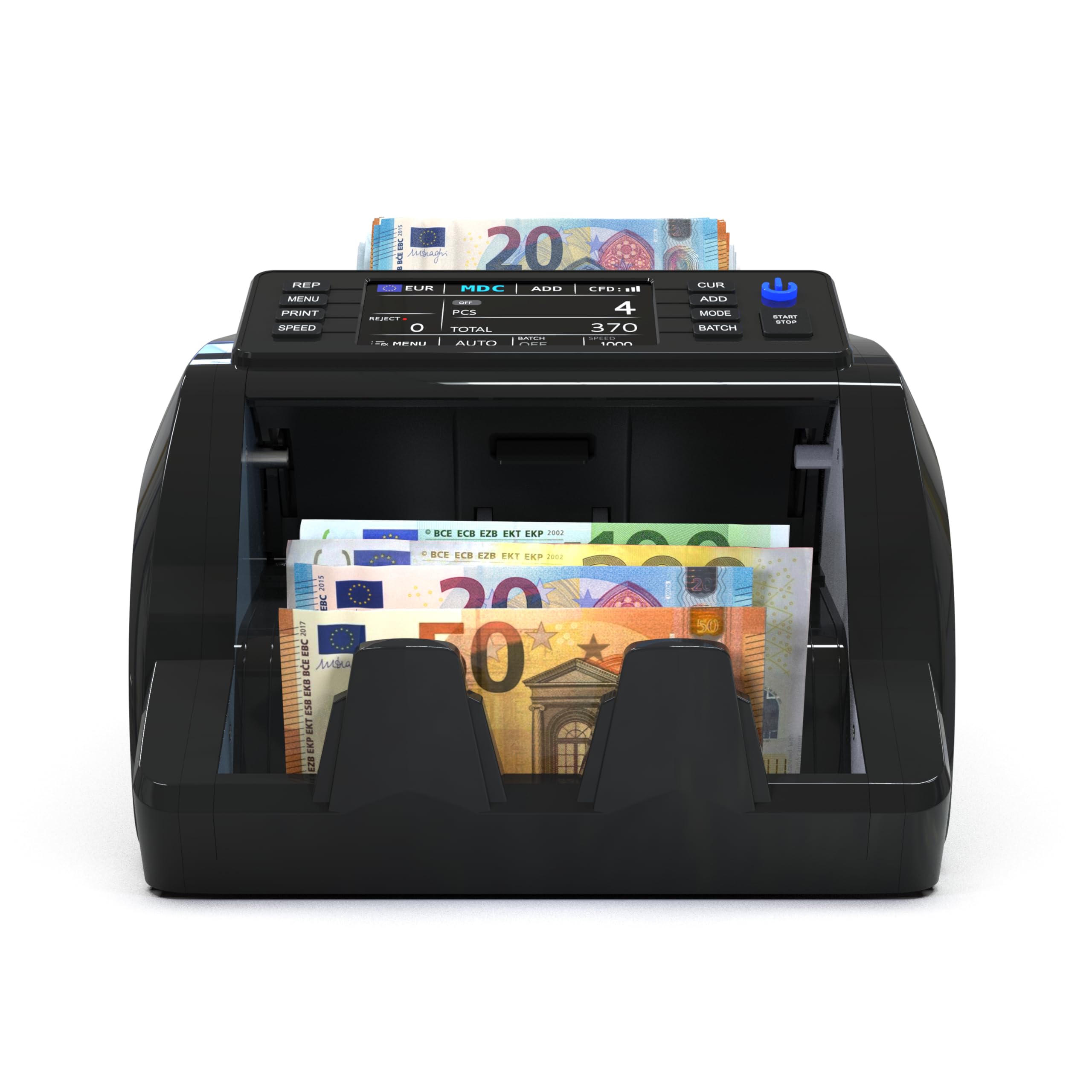 Detectalia V20 Banknotenzähler mit UV/MG/IR/MT/CIS Erkennung, 4,5” Touchscreen + Externes Display, Seriennummern-Lesung, Multiwährungs-Mischzählung (EUR/GBP/CHF/USD/SEK/PLN/TRY/DKK), 1200 Scheine/Min