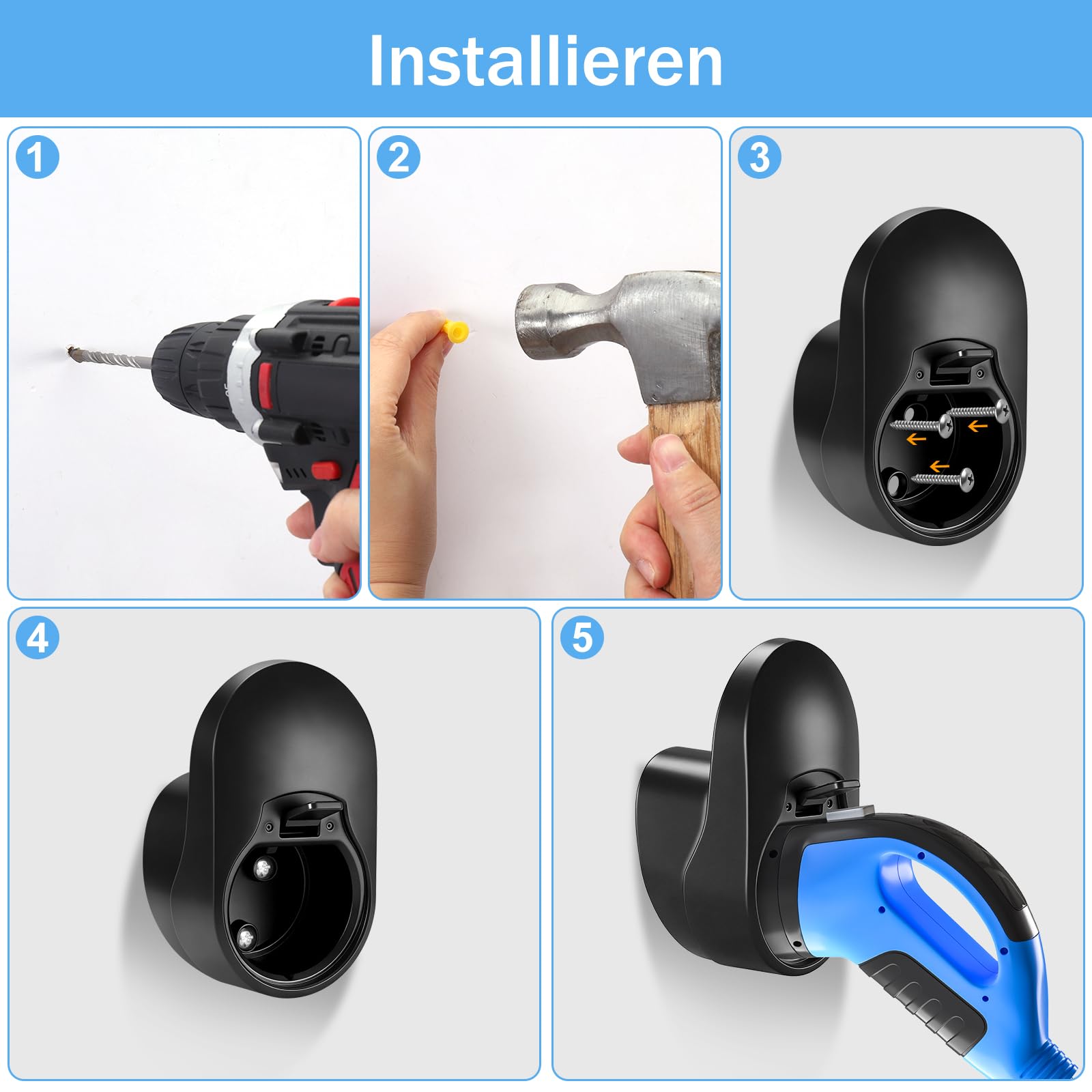 Zocipro Uchwyt ścienny kompatybilny z Wallbox kabel do ładowania typu 2 – akcesoria do ładowarki EV typu 2, uchwyt na kabel do ładowania typu 2, kabel i ładowarka, czarny