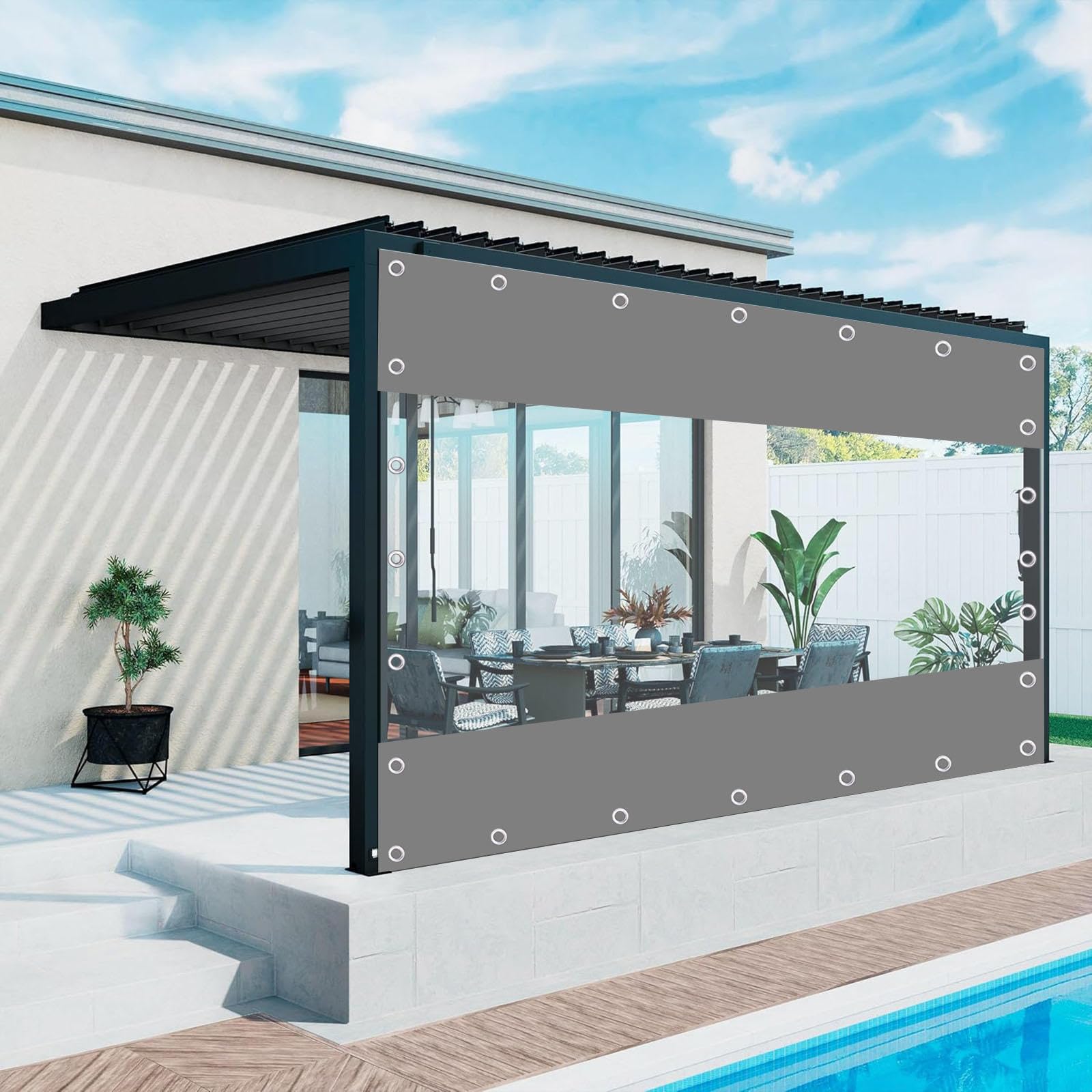 Clear Tarp Curtains,Grey Transparent Tarpaulin Side Panels,Outdoor Curtains With Zips,Pergola Gazebo Waterproof Partition Curtains,0.3mm Pvc Plastic Tarpaulin With Eyelets,NoZip-4.8×3m(15.7*9.8ft)