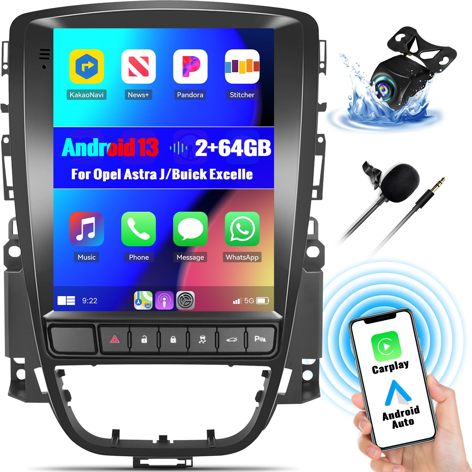 2+64G Android 13 Autoradio pour Opel Astra J/Buick Excelle XT GT 2006-2016 avec CarPlay Android Auto sans Fil, 9,7“ Écran Tactile avec GPS WiFi Lien Miroir Bluetooth FM RDS EQ SWC Caméra Arrière